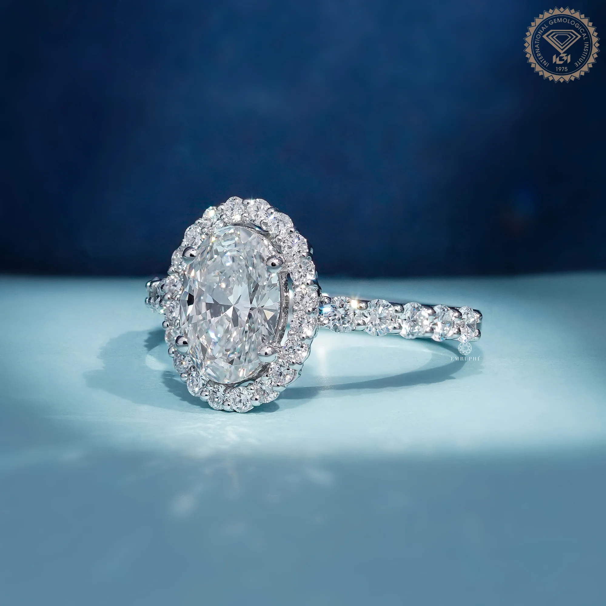 Oval Cut Diamond Halo Engagement Ring, IGI Certified, Pavé Diamond Band, Classic Halo Ring — view 2