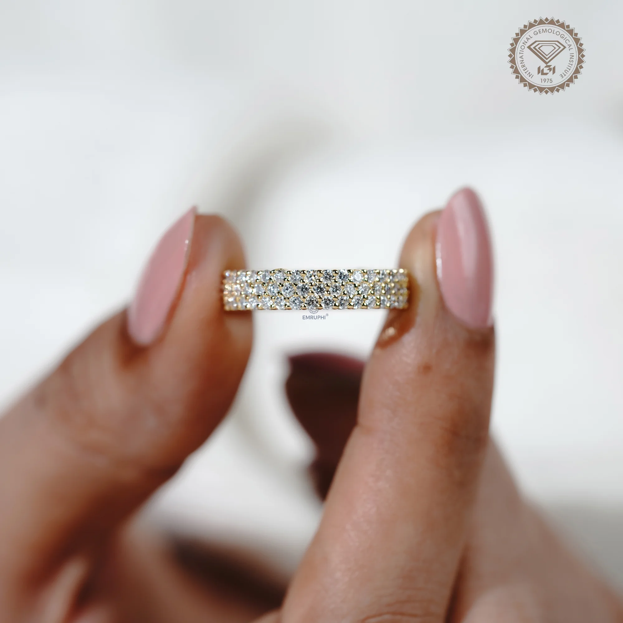 Three Row Lab Diamond Full Eternity Band, Stackable Gold Wedding Ring — view 5