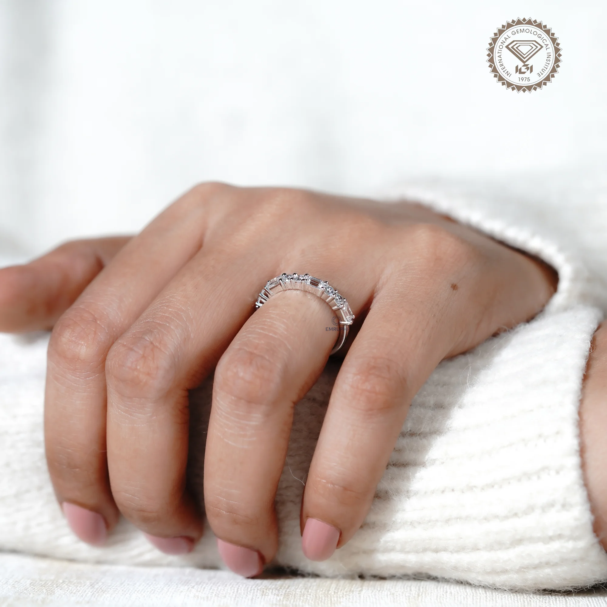 Lab Grown Diamond Half Eternity Band, Emerald Round Cut, Minimalist Wedding Ring — view 9