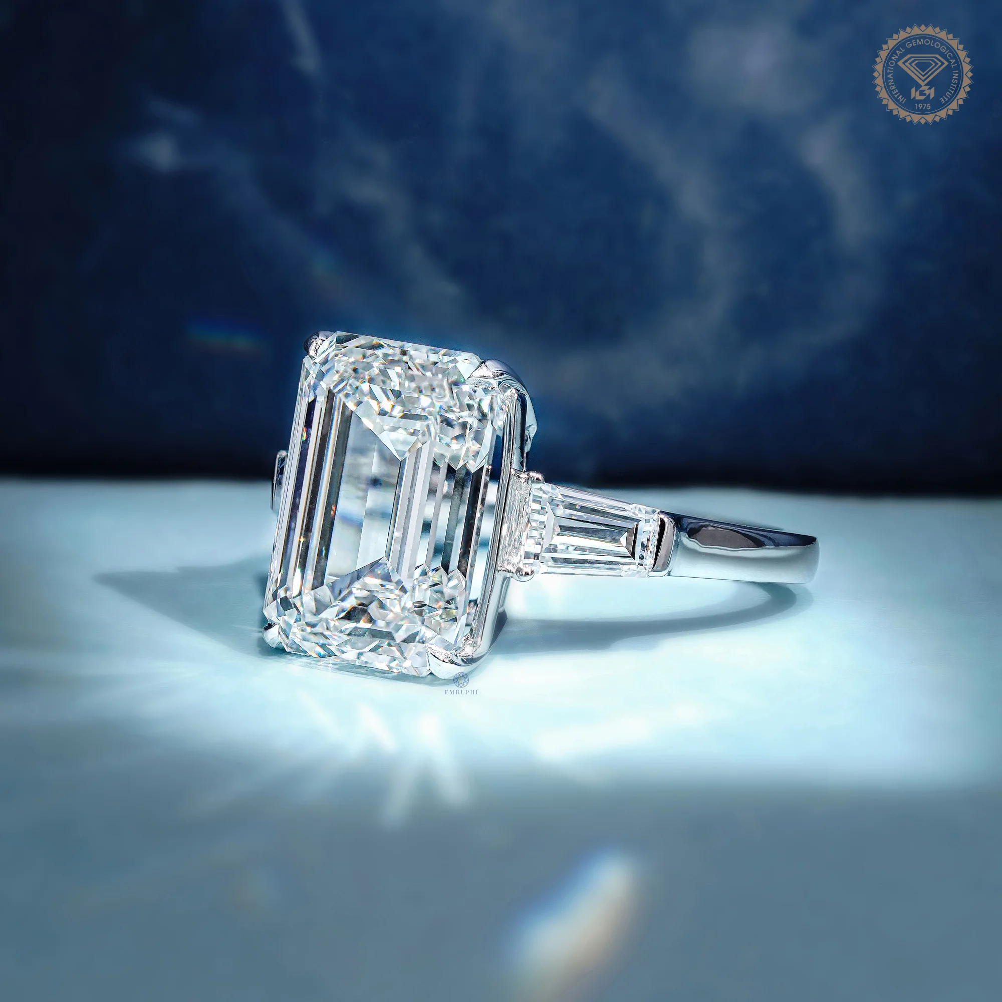 6 CT Emerald Cut Lab Grown Diamond Ring, Tapered Baguette Three Stone Engagement Ring, IGI Certified — view 2