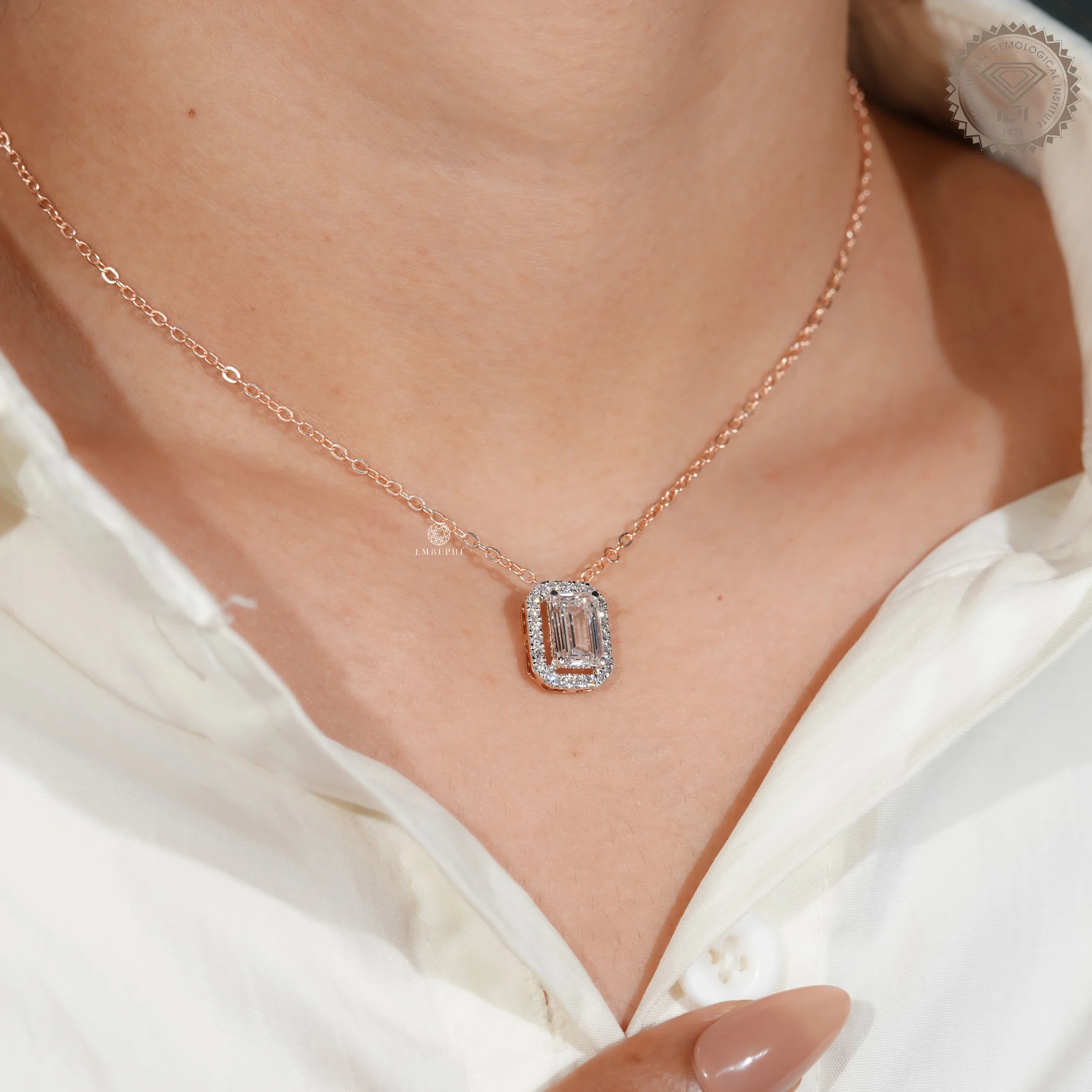 1 CT Emerald Cut Lab Grown Diamond Necklace, Halo Pendant Rose Gold Chain, Two Tone Pendant — view 5