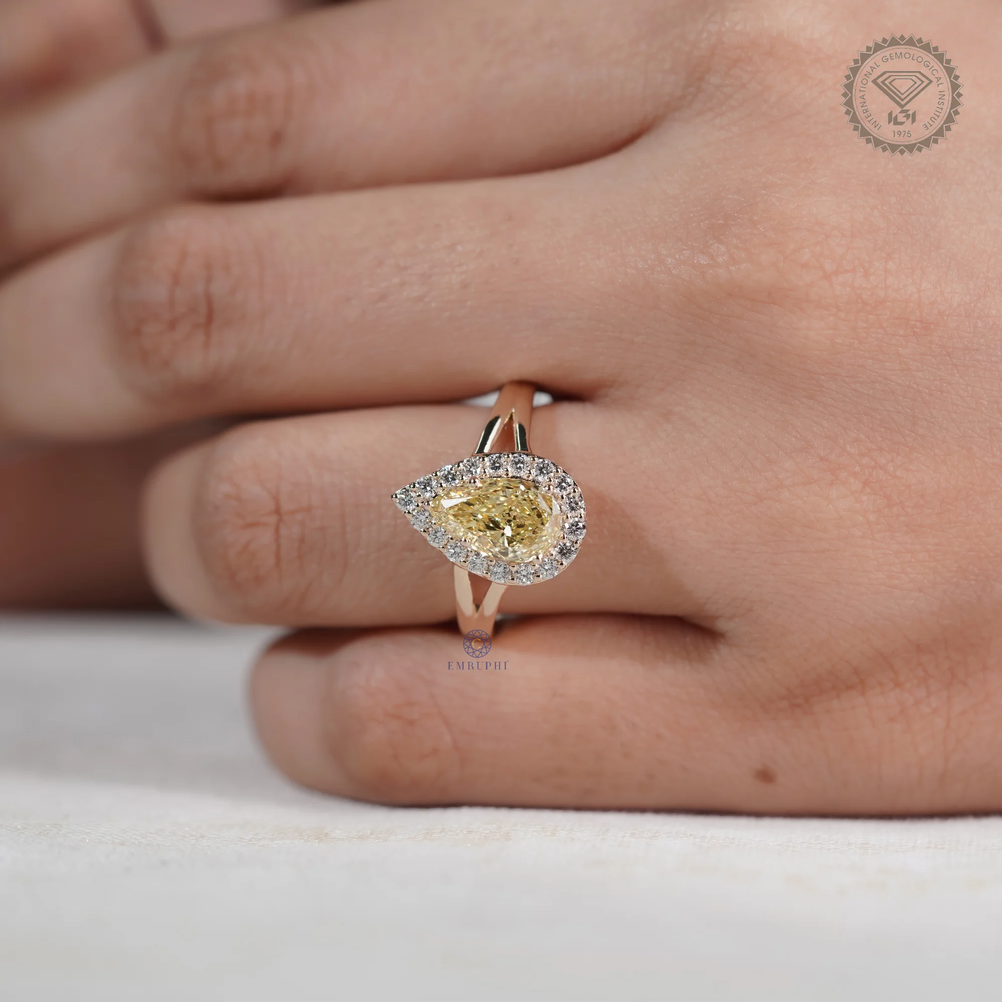 2.00 CT Pear Cut Yellow Lab Grown Diamond Halo Ring, Fancy Yellow Diamond Engagement Ring — view 6