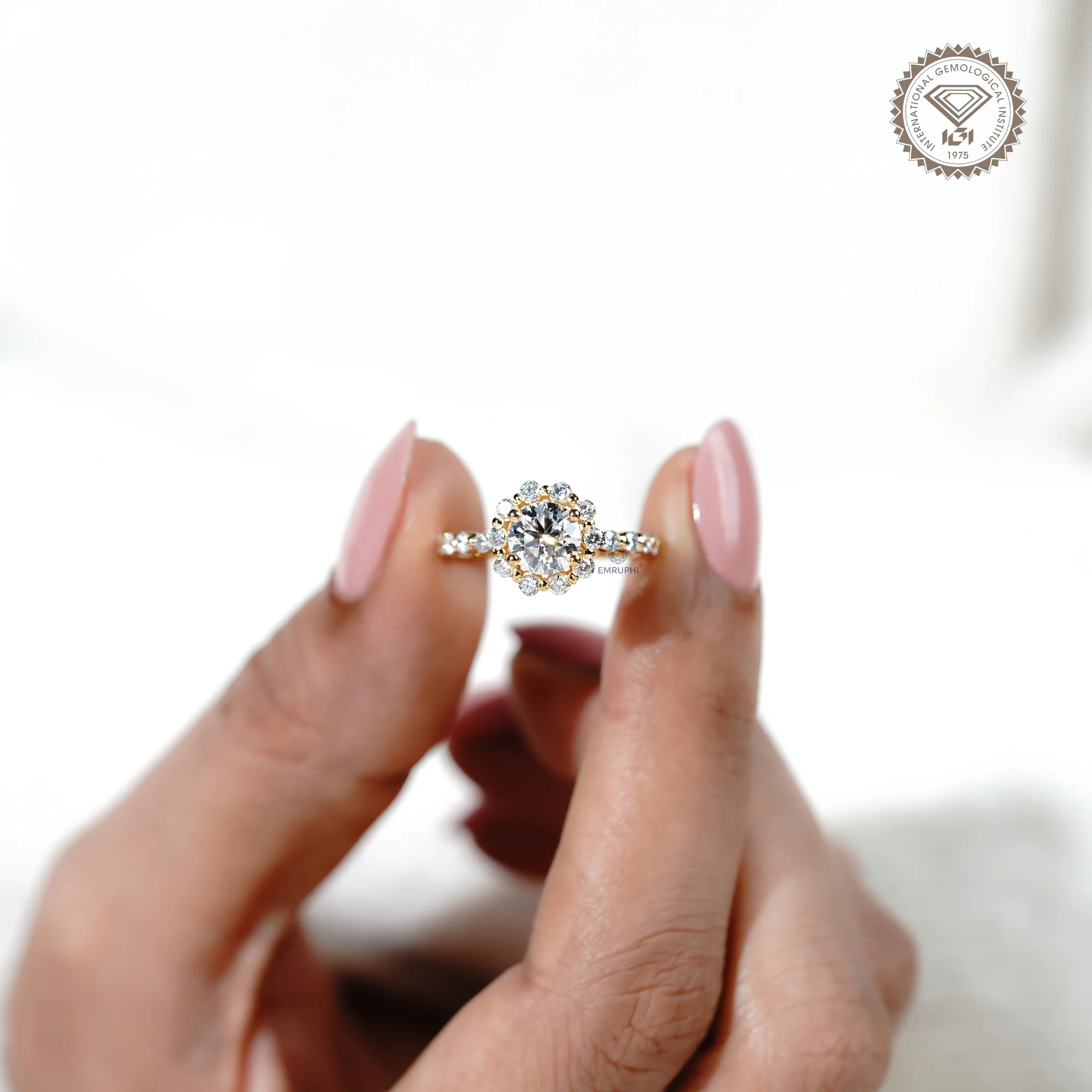 1.00 CT Round Lab Grown Diamond Halo Engagement Ring, 18k Gold Wedding Band — view 5