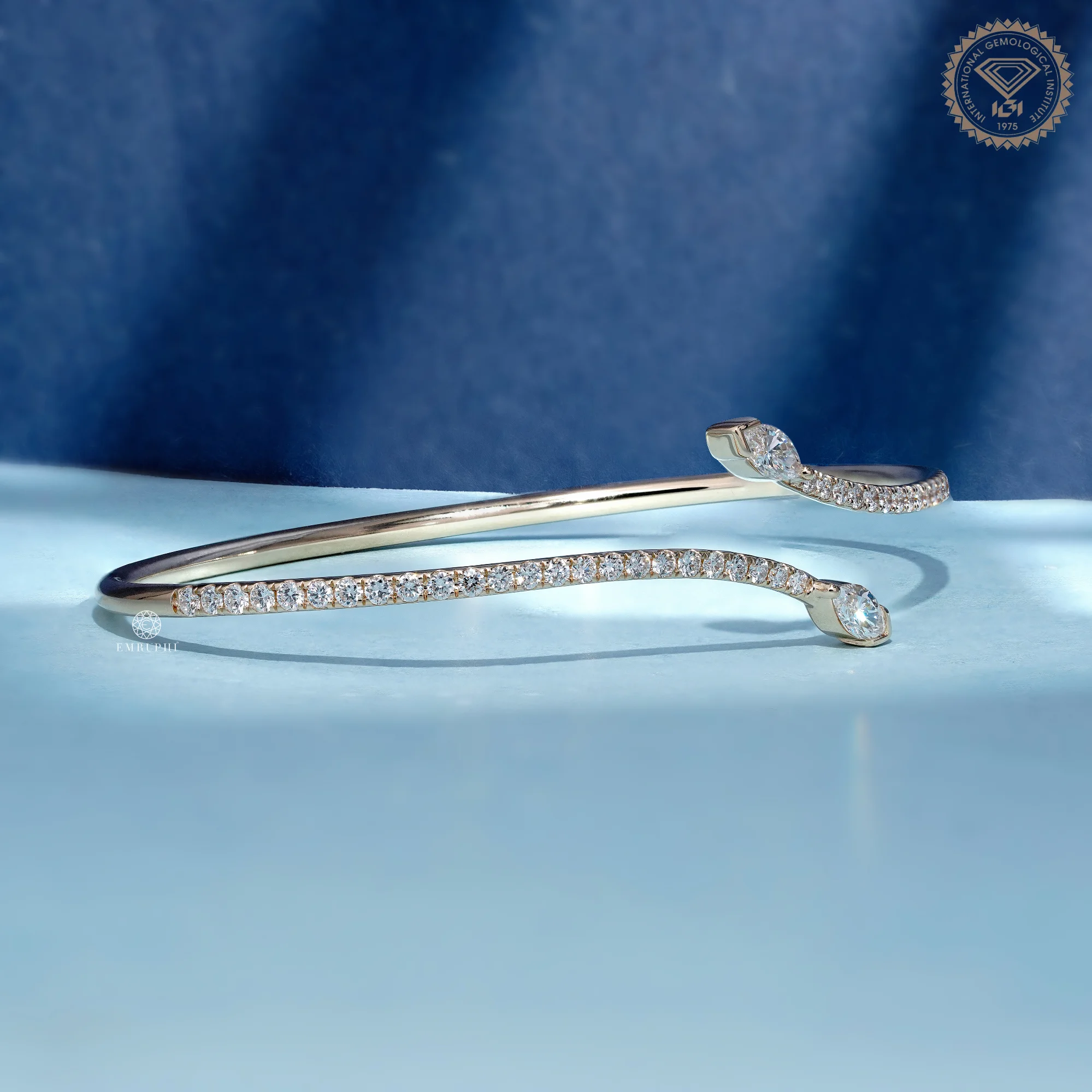 Open Cuff Diamond Bangle Bracelet, Marquise Pave Bracelet, 14K Cross Over Bangle — view 4