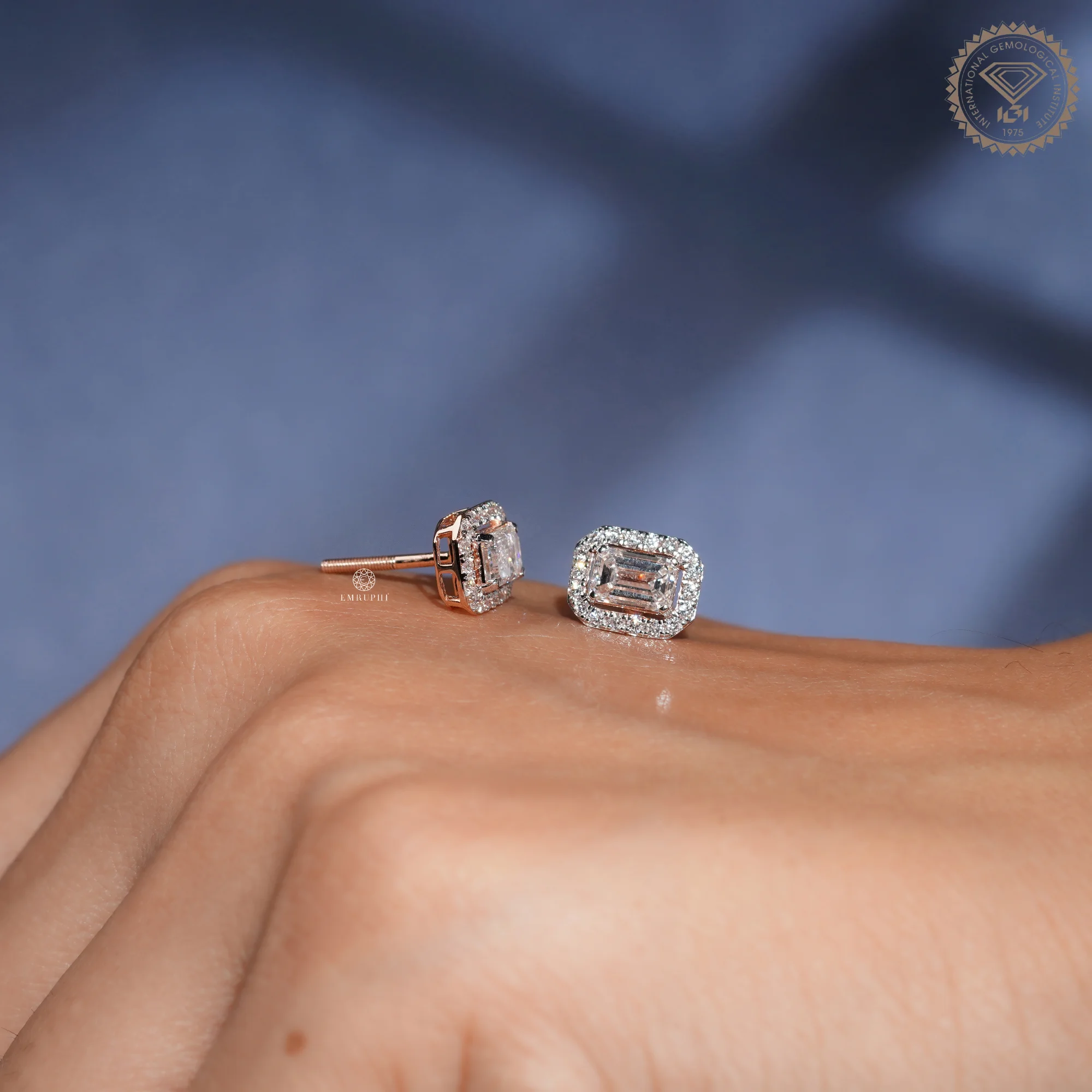Emerald Cut Lab Grown Diamond Halo Earrings, Rose Gold Two Tone Studs — view 11