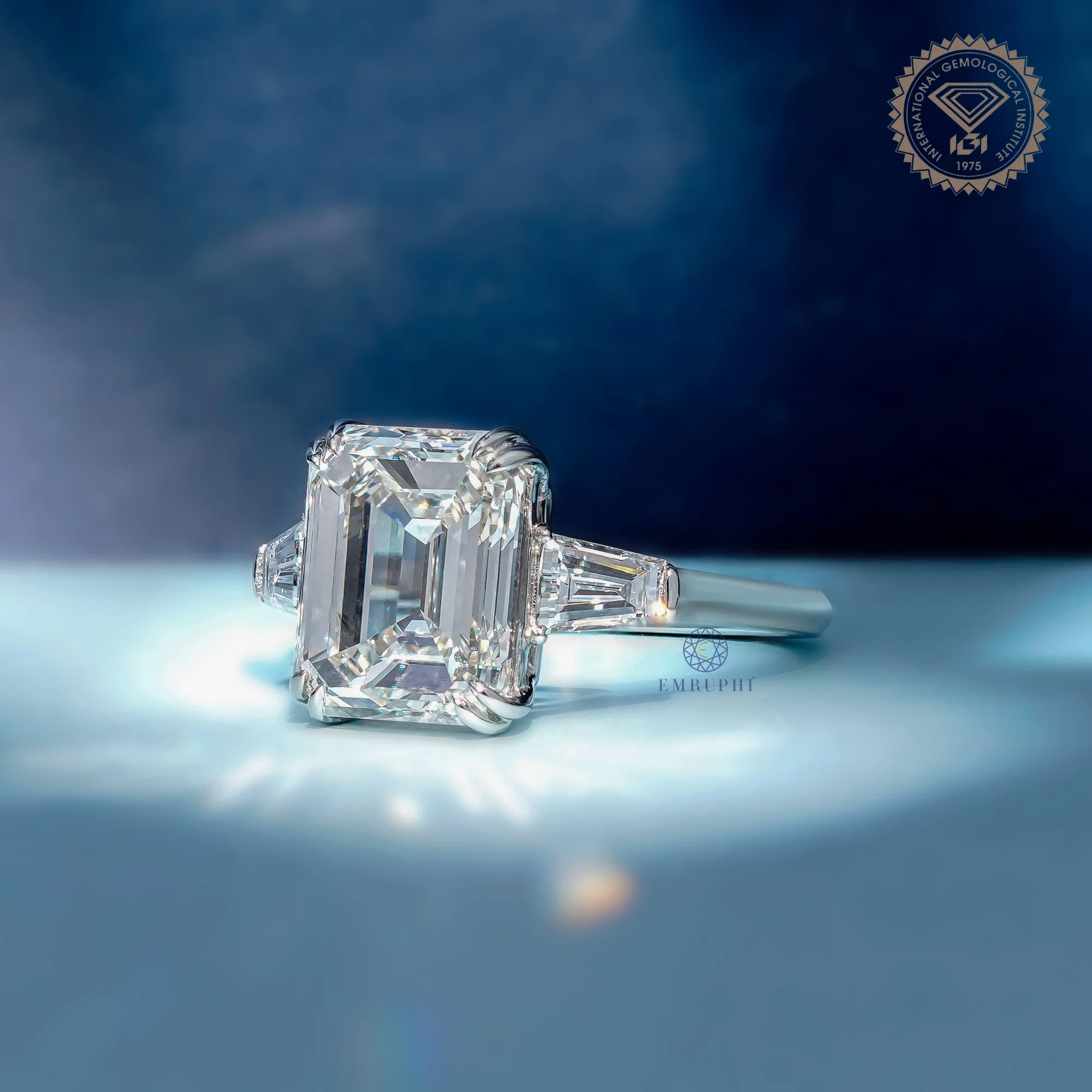 Emerald Lab Diamond Engagement ring in 14k Gold, Baguette Side Stones — view 2