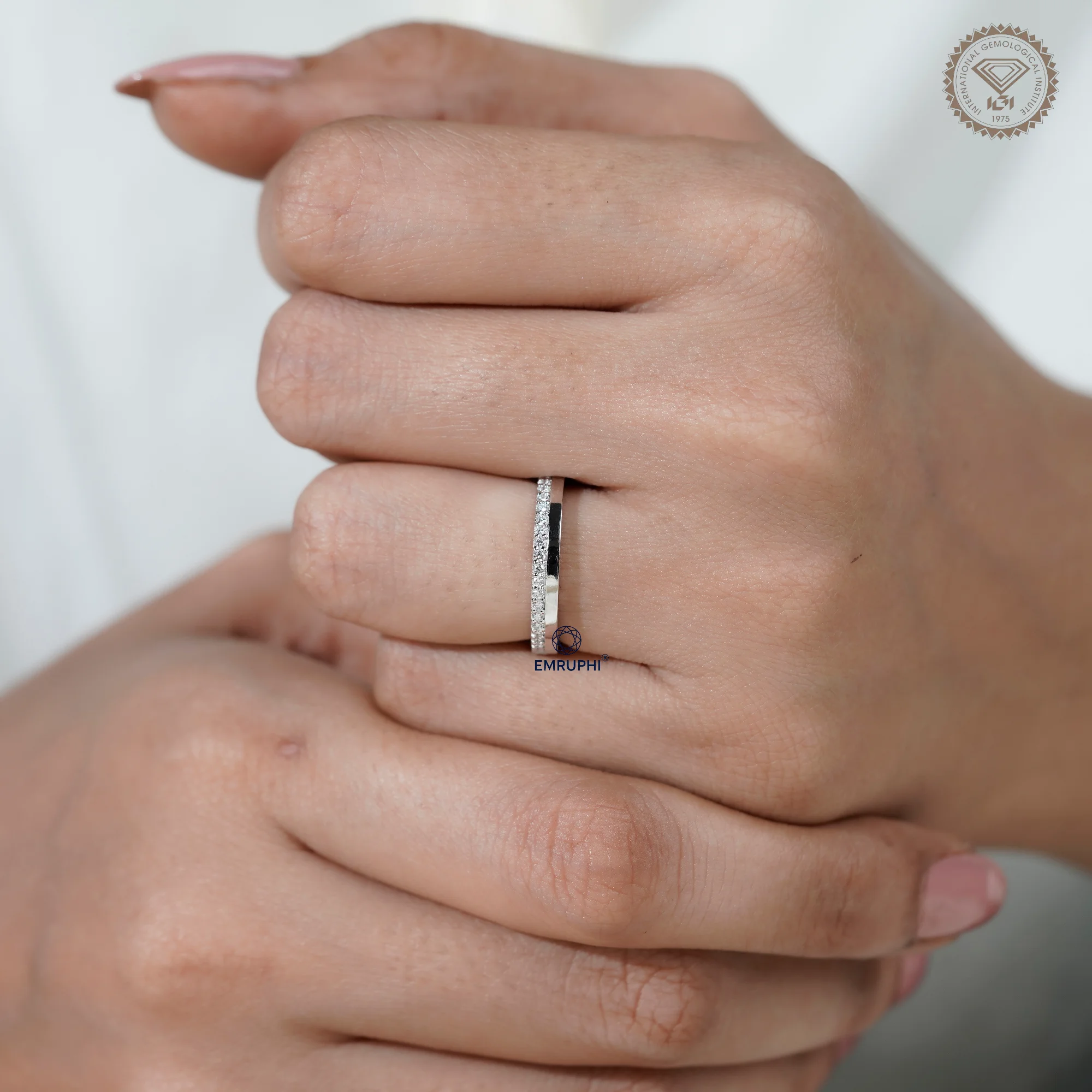 3 MM Pave Set Lab Diamond Wedding Band, Half Diamond Half Plain Band, Anniversary Gift — view 15
