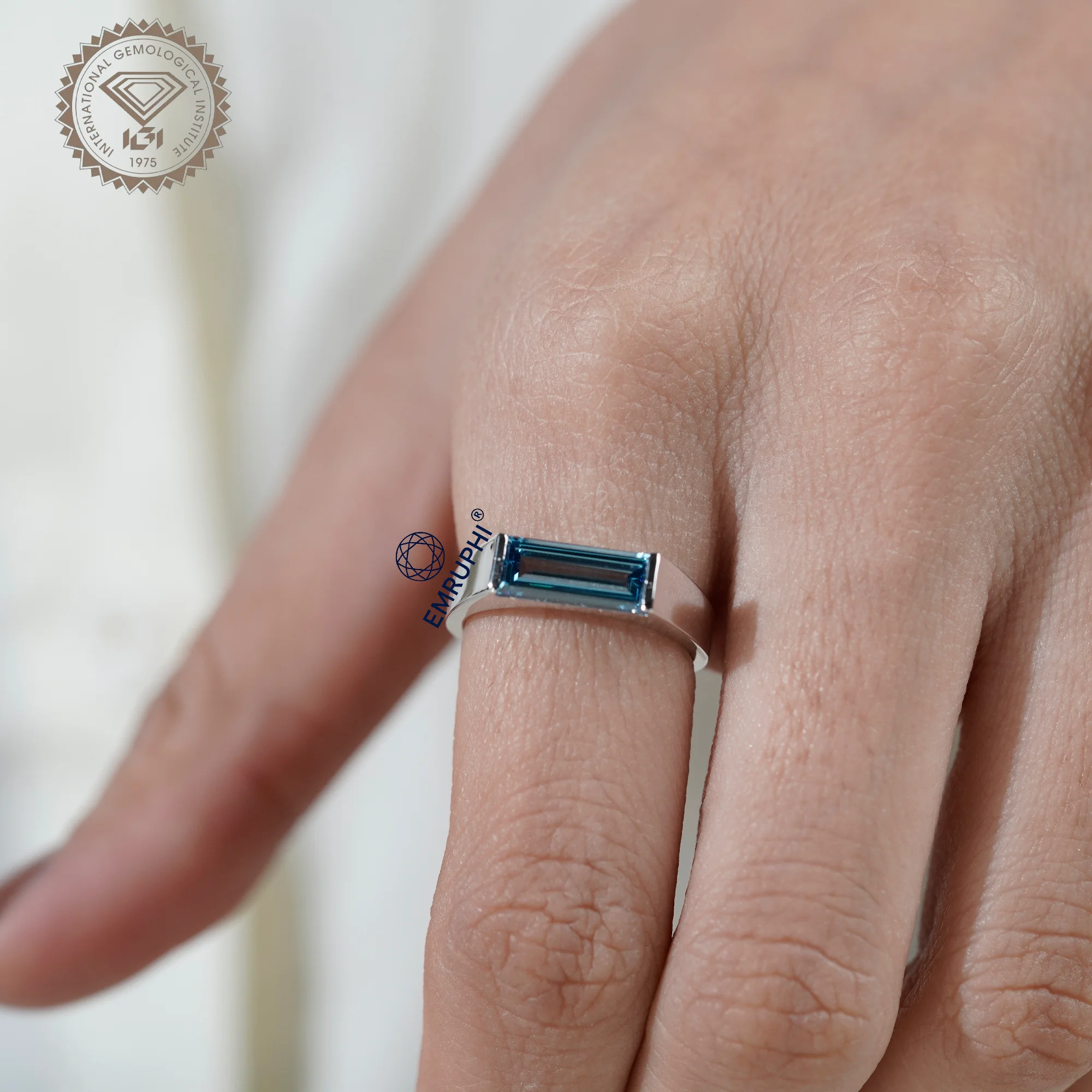 Baguette Cut Vivid Blue Lab Diamond Ring, Baguette Diamond Signet Ring, — view 8