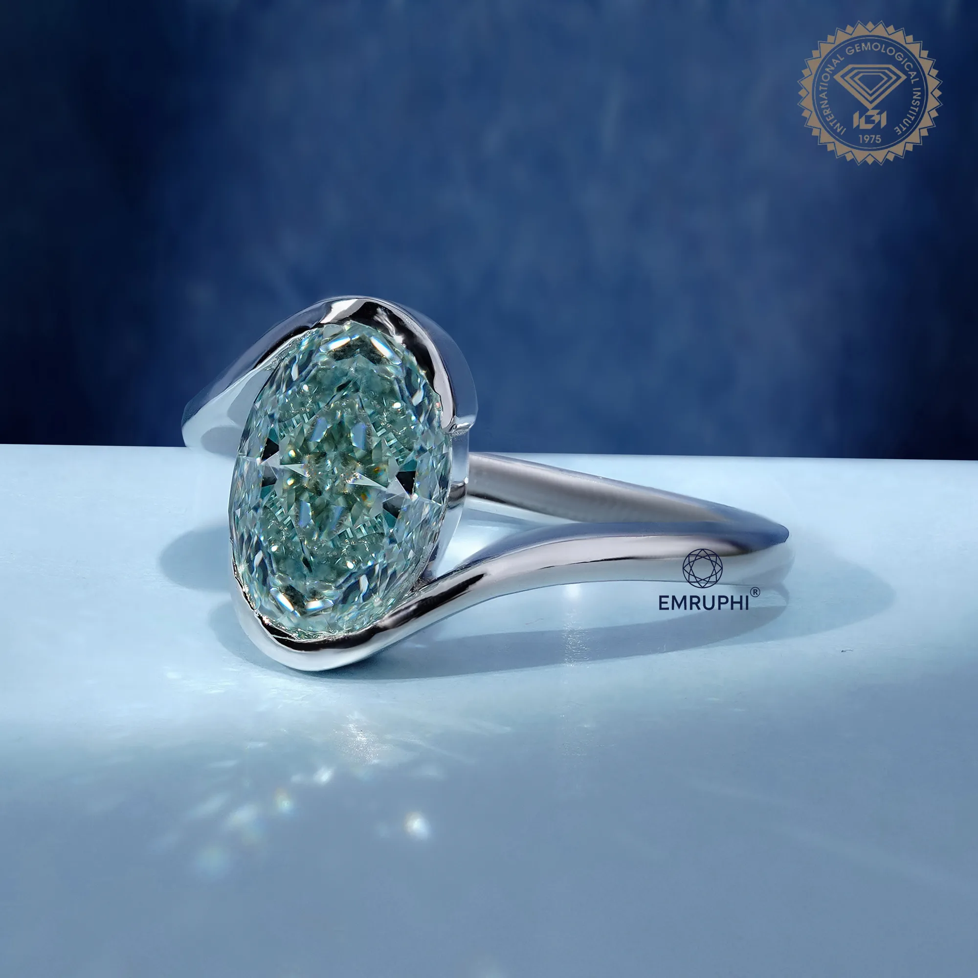 Oval Cut Lab Grown Diamond Ring, 14k White Gold, Antique Greenish Colording Ring — view 2