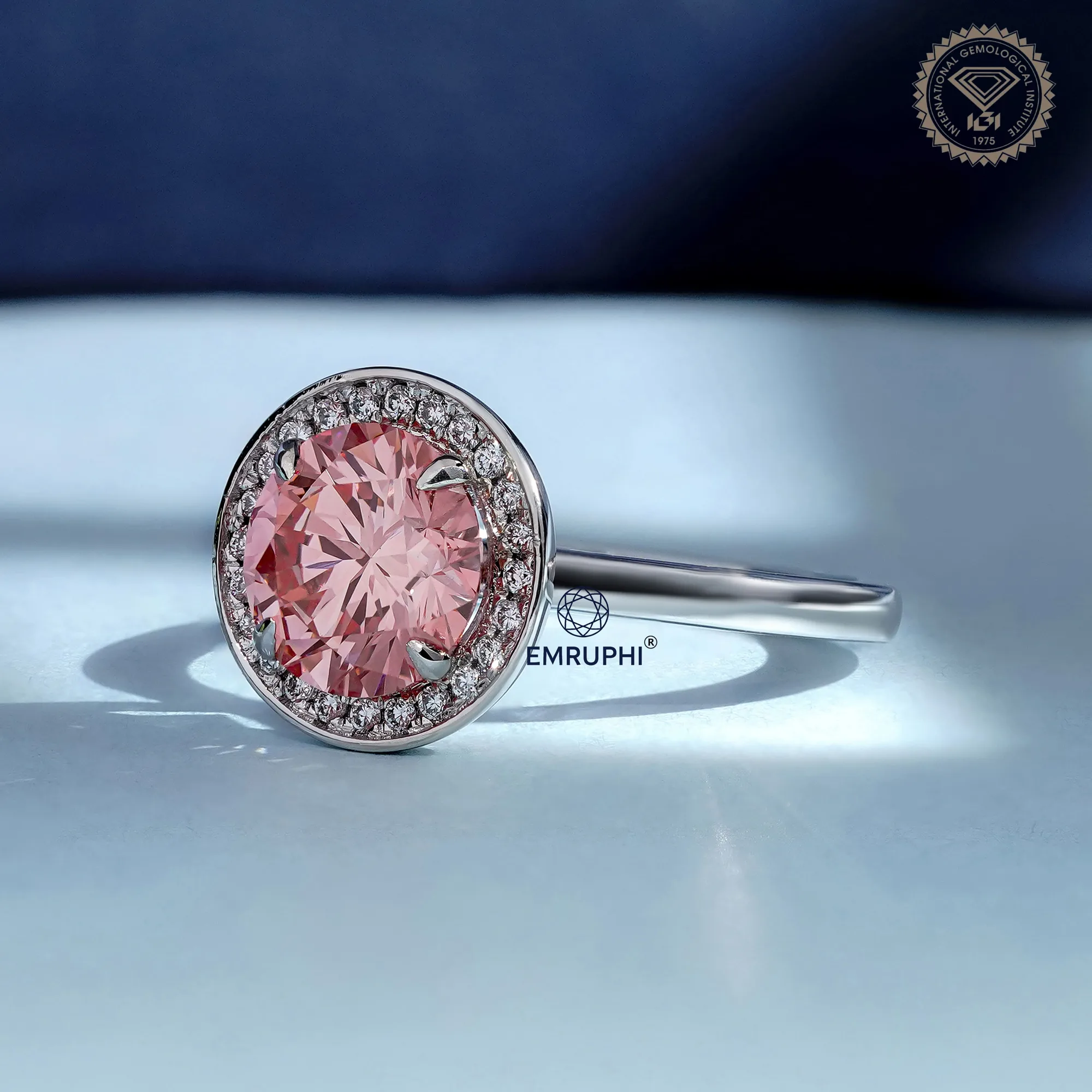 2 CT Round Halo Engagement Ring, Vivid Pink Center Stone, Diamond Halo Ring, Romantic Proposal Ring — view 3