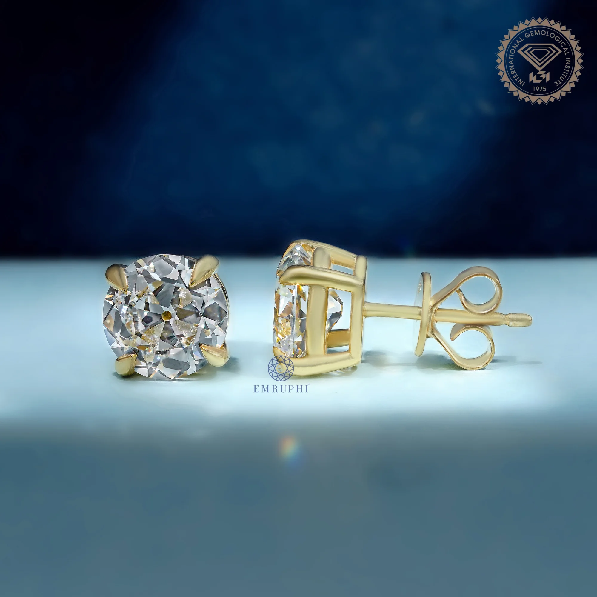 Round Old Mine Stud Earrings in 14k Yellow Gold, Solitaire Stud For Women — view 3
