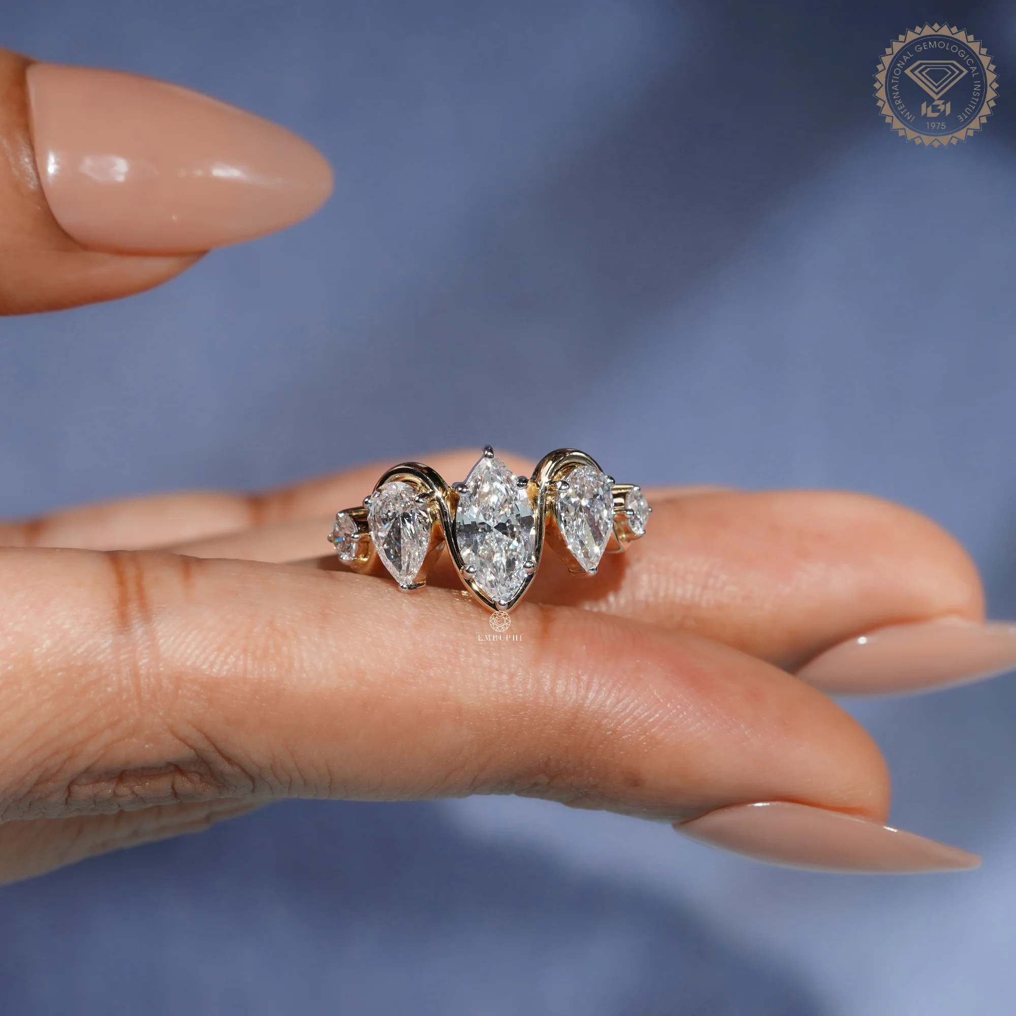 Marquise Pear Diamond Ring, Five Stone Cluster Engagement Ring, Two Tone Gold Wave Band — view 9