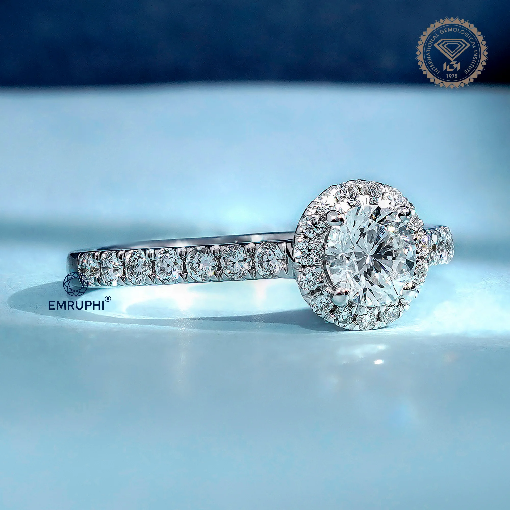1.00 CT Round Halo Diamond Engagement Ring, Pave Band Halo Ring — view 3