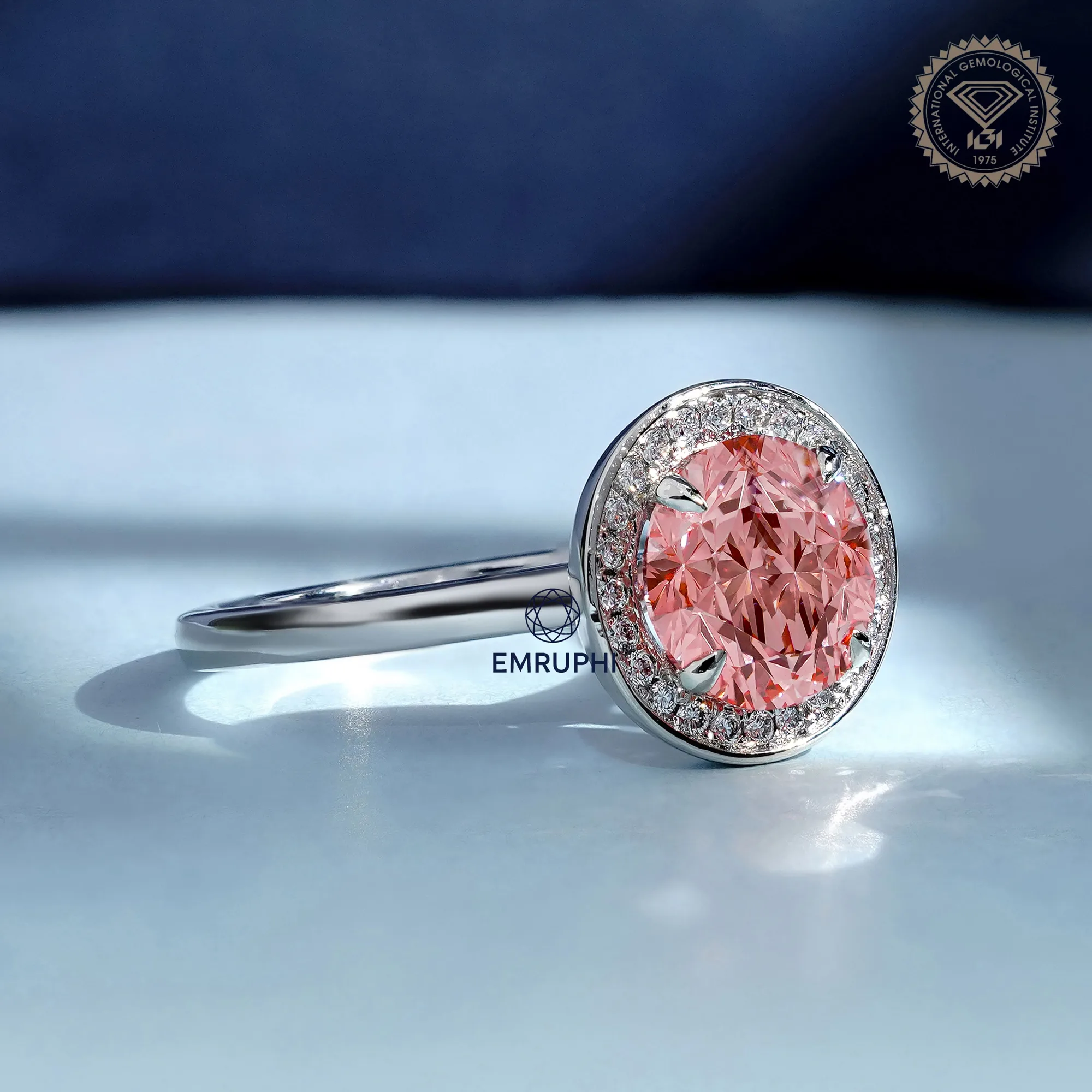 2 CT Round Halo Engagement Ring, Vivid Pink Center Stone, Diamond Halo Ring, Romantic Proposal Ring — view 2