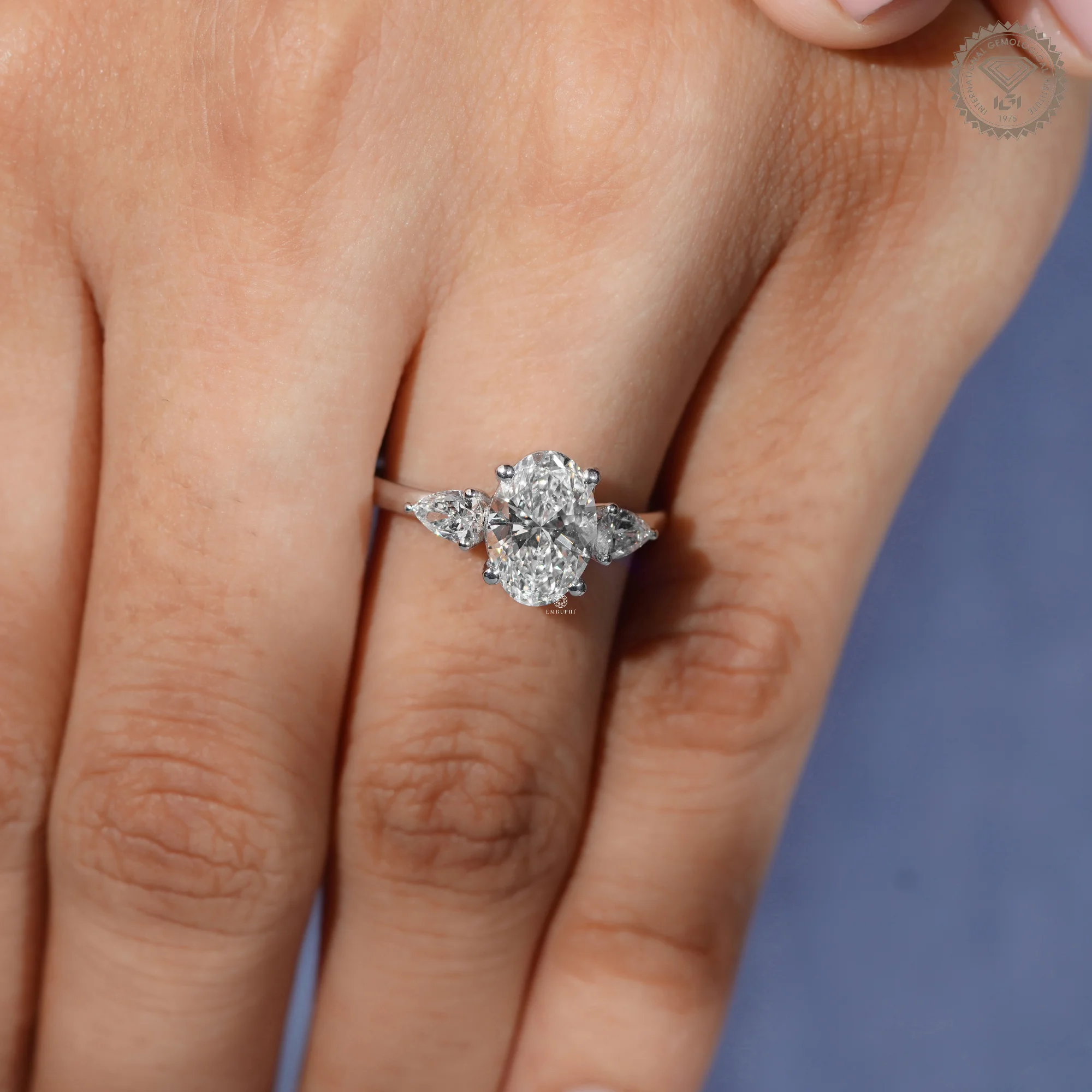 1.60 CT Oval Cut Lab Grown Engagement Ring With Pear Side Stone, Oval Three Stone Diamond Ring — view 11