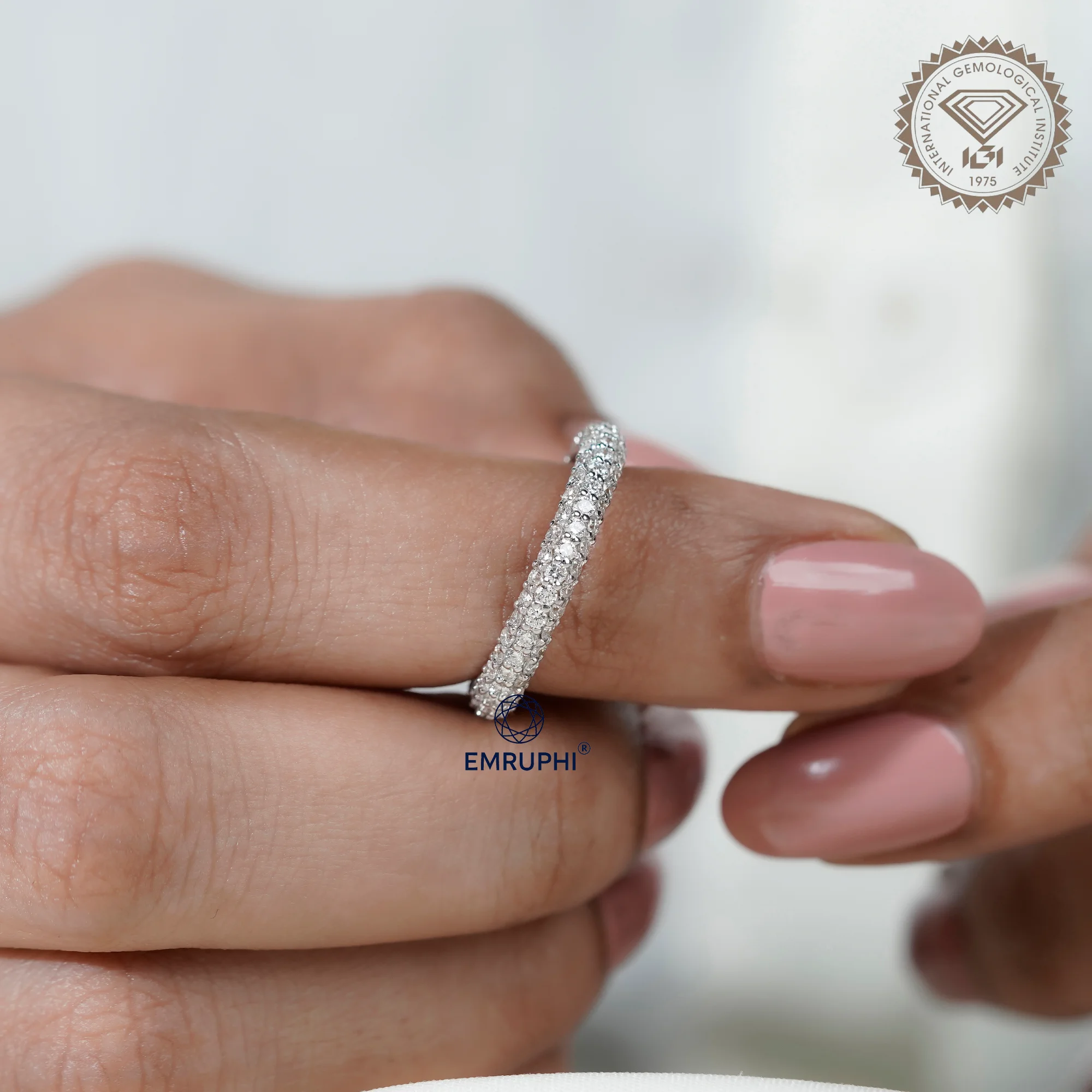 3 Row Lab Diamond Eternity Band, 3mm Wedding, Stackable Full Ring — view 6