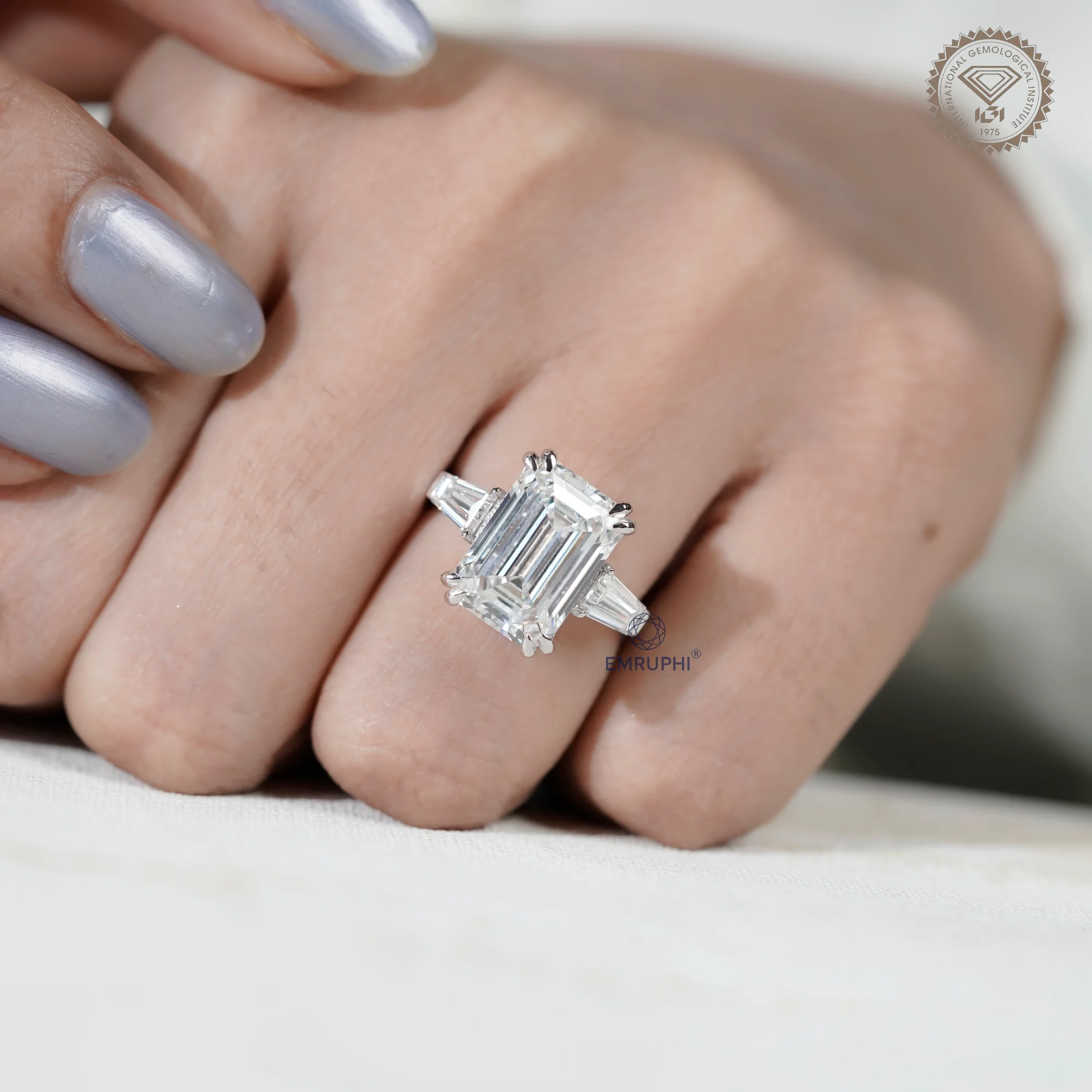 7 Carat Emerald Cut Lab Grown Diamond Engagement Ring | Trapezoid Side Stones — view 7