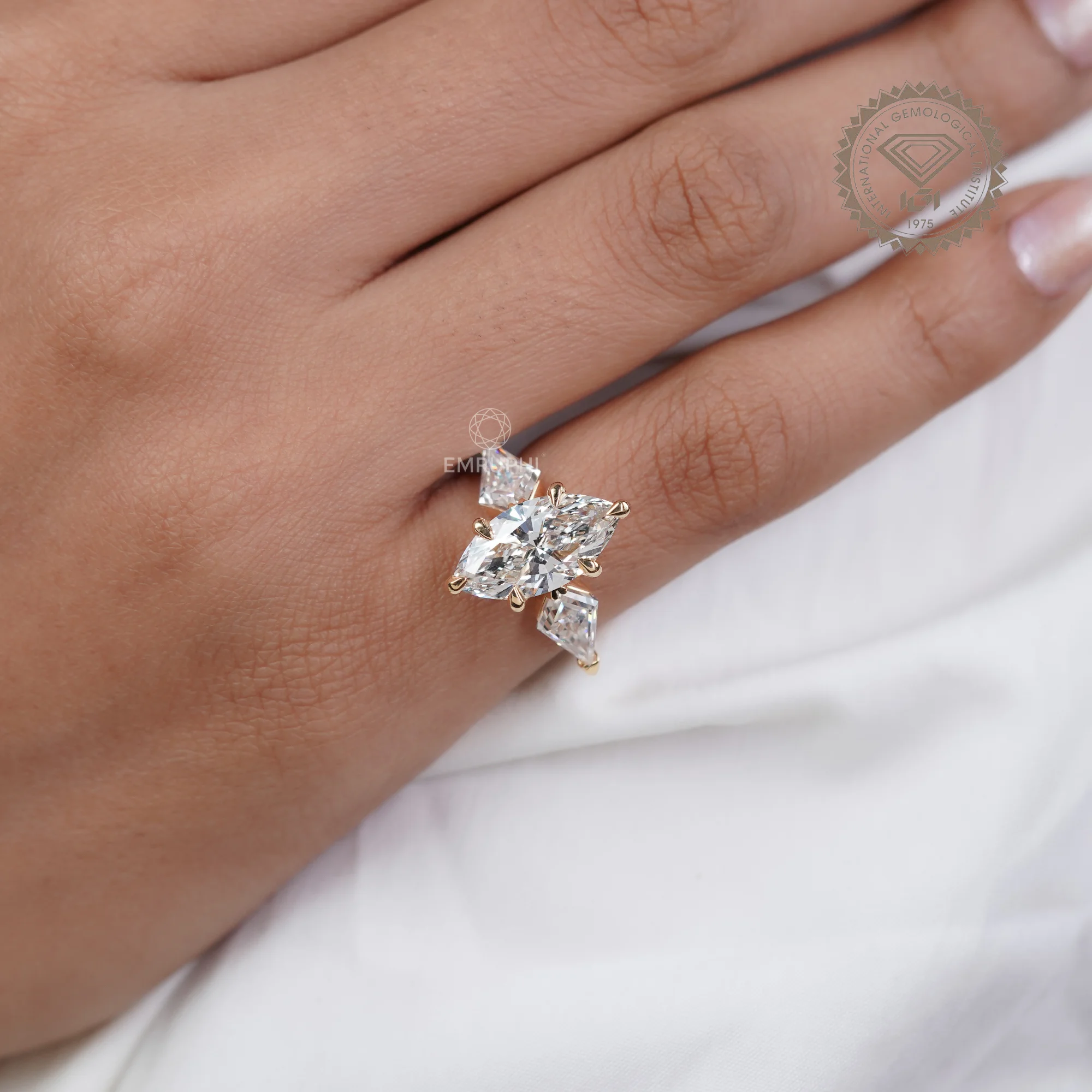 3 CT Marquise Lab Diamond Ring, Kite Side Stones, 14K Gold Wedding Ring — view 8