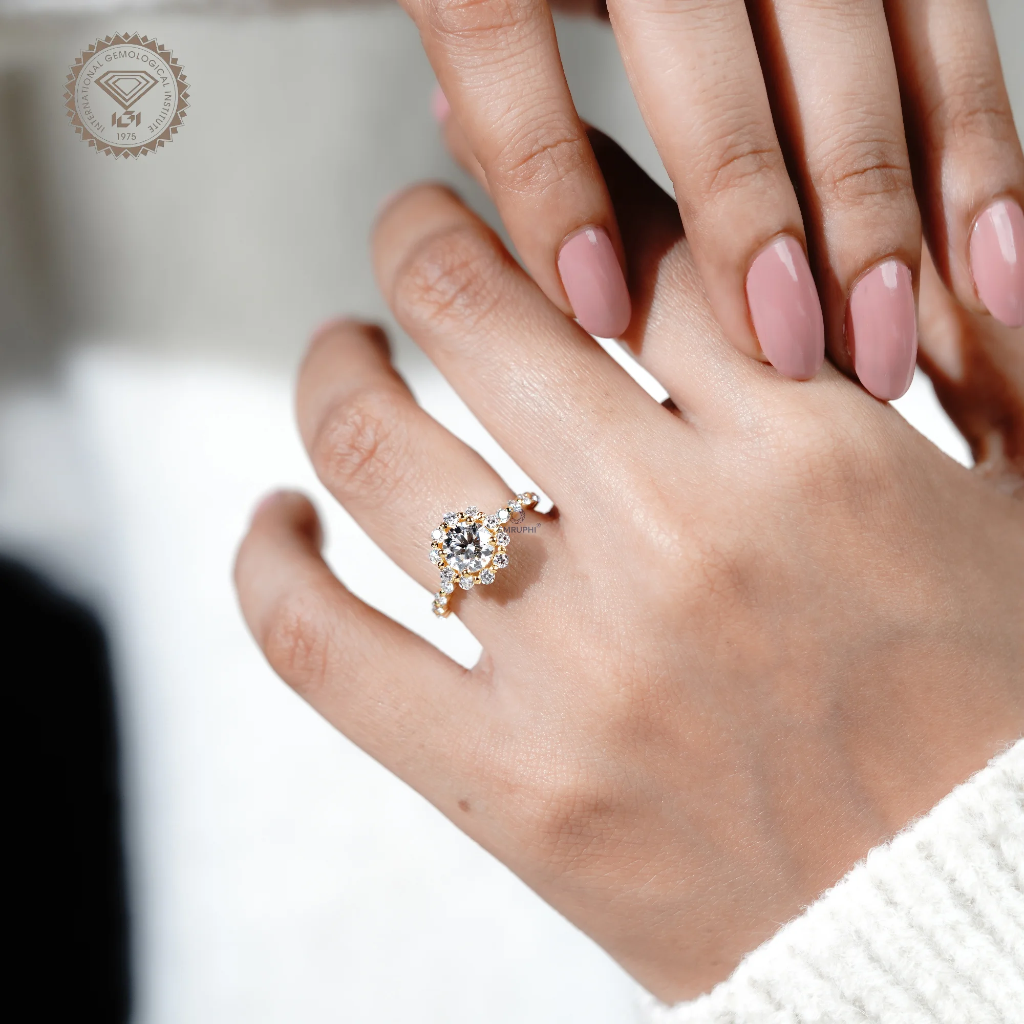 1.00 CT Round Lab Grown Diamond Halo Engagement Ring, 18k Gold Wedding Band — view 12