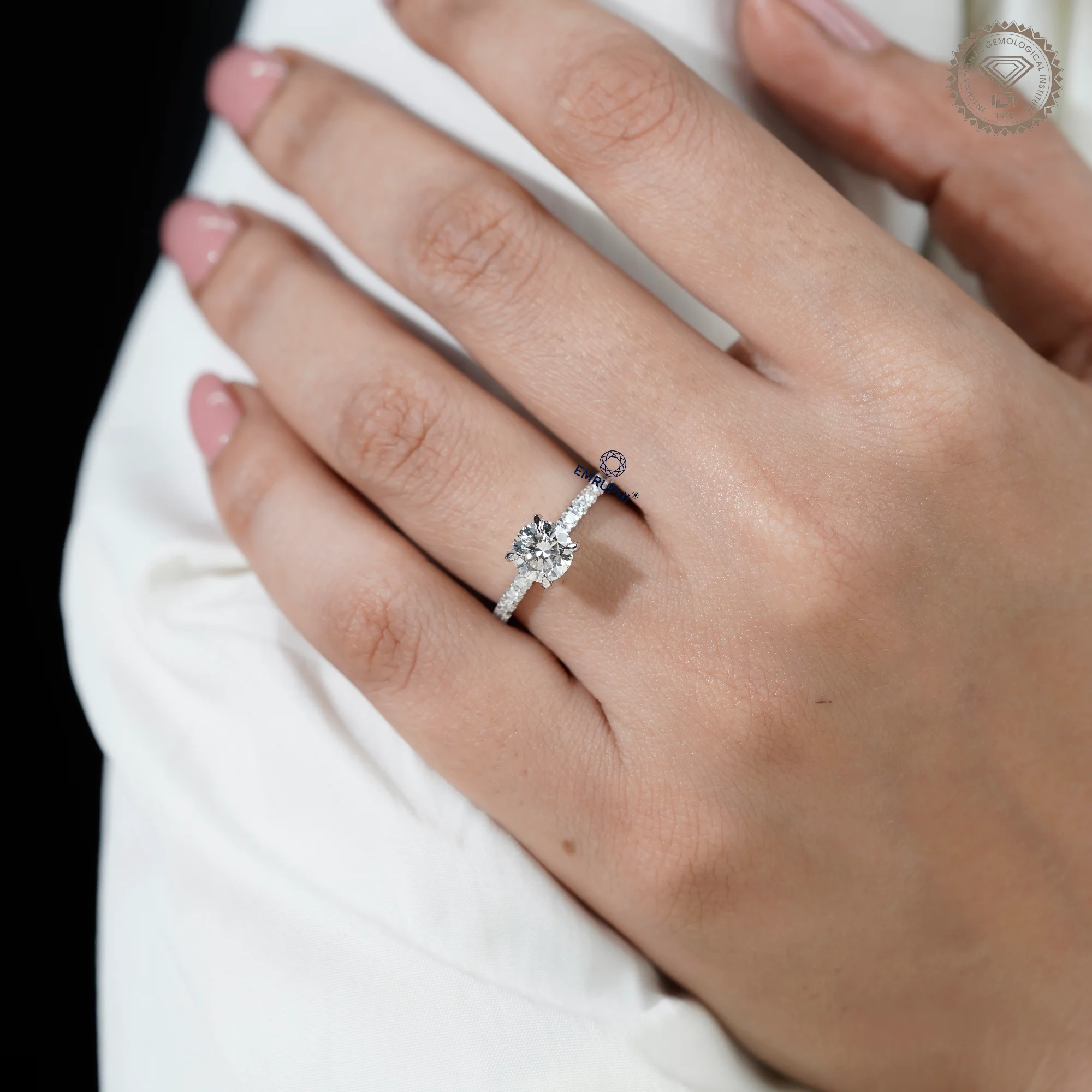 1 Carat Round Cut Lab Grown Diamond Engagement Ring, Pavé Side Stones — view 12