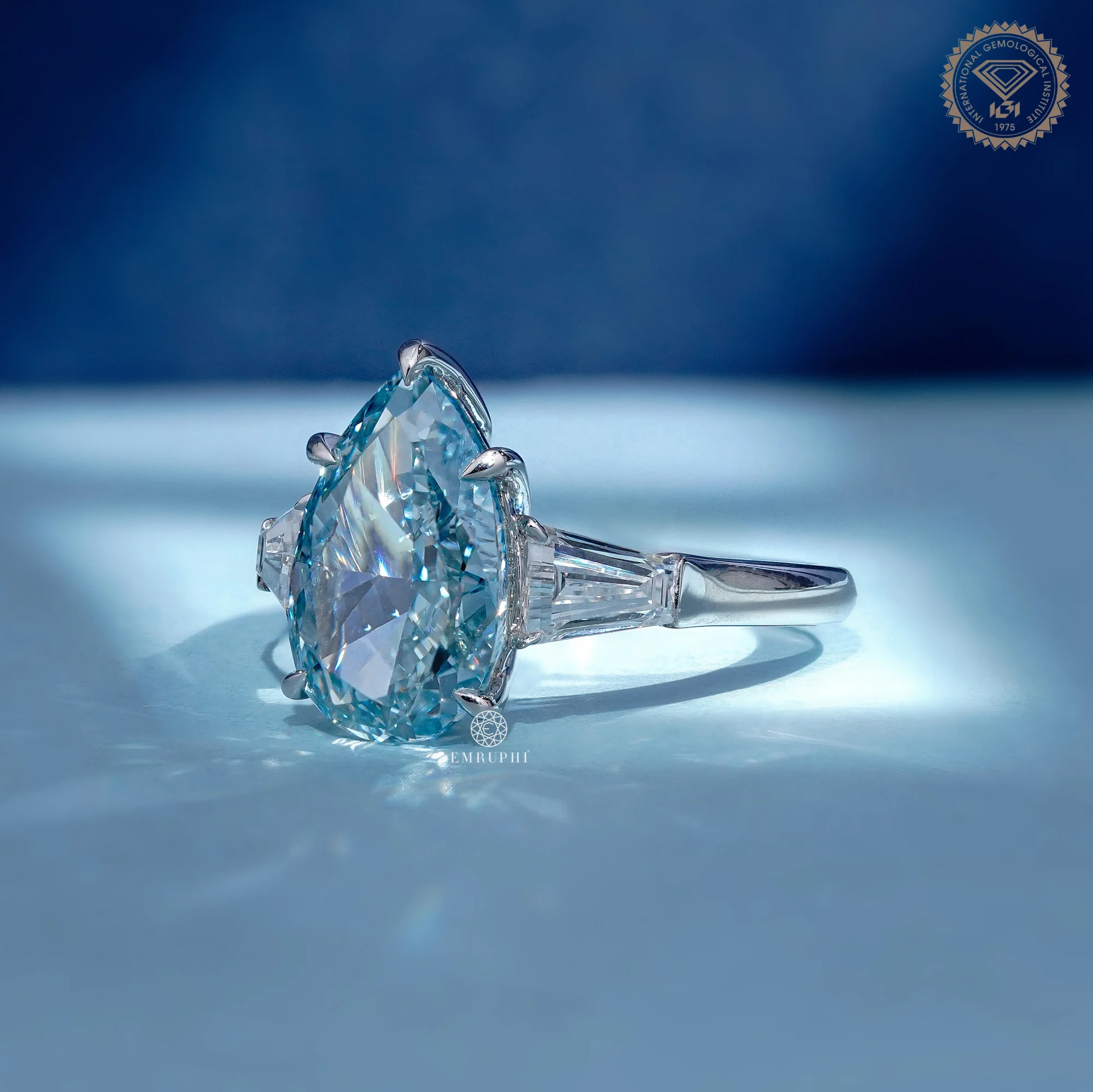 5 CT Vivid Blue Pear Lab Grown Diamond Engagement Ring, Tapered Baguette Side Stones — view 2