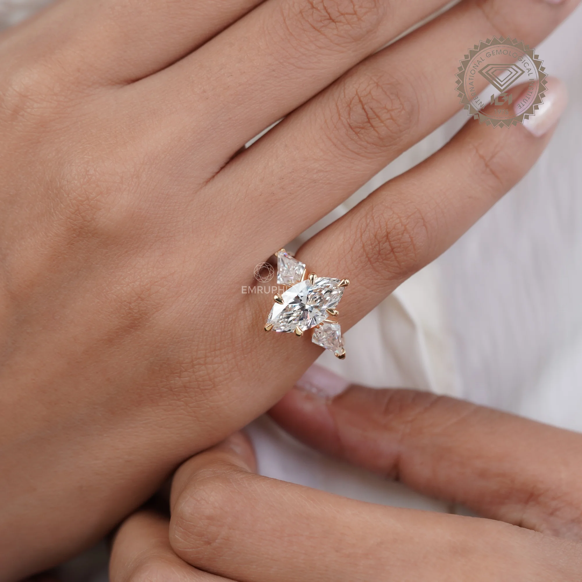 3 CT Marquise Lab Diamond Ring, Kite Side Stones, 14K Gold Wedding Ring — view 11