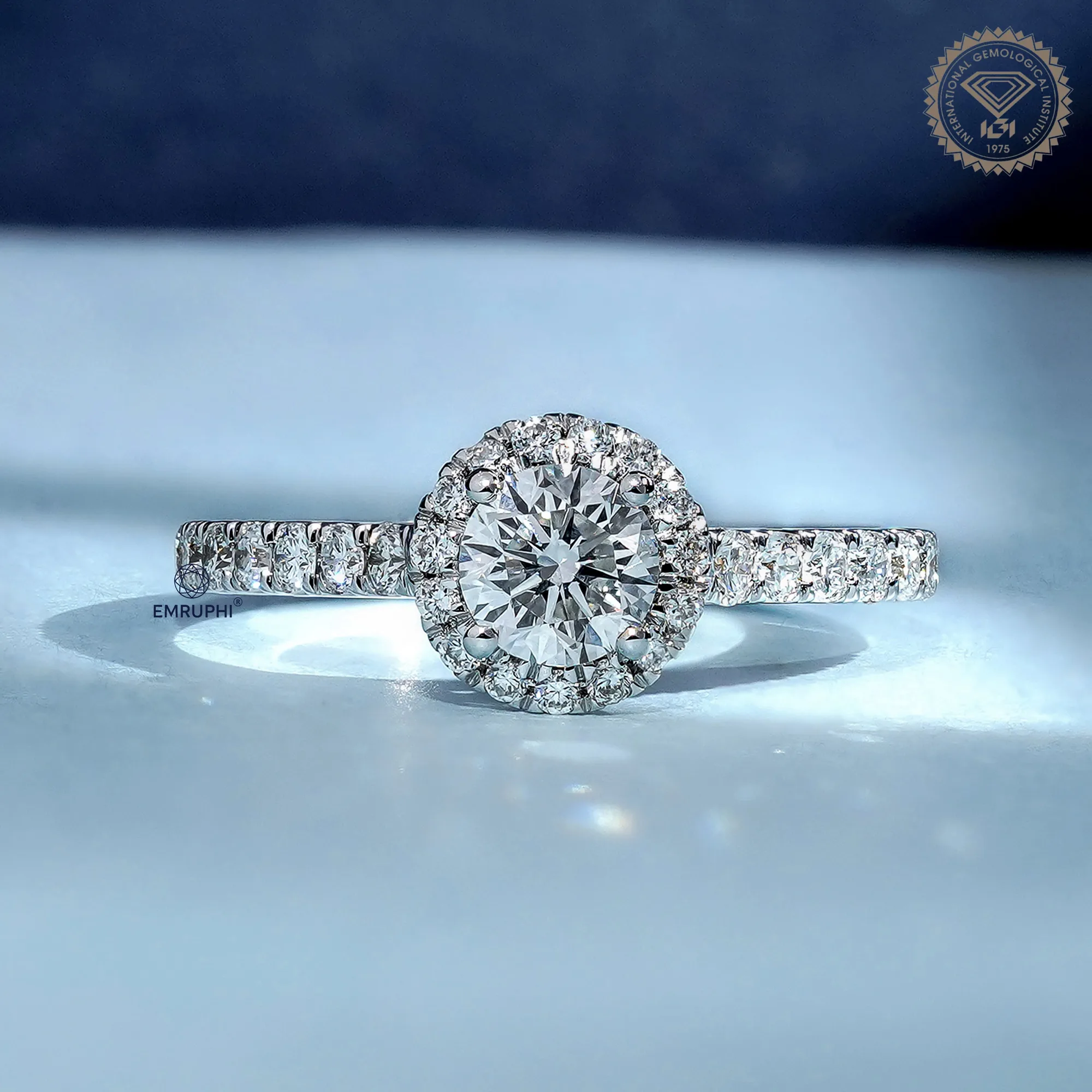 1.00 CT Round Halo Diamond Engagement Ring, Pave Band Halo Ring