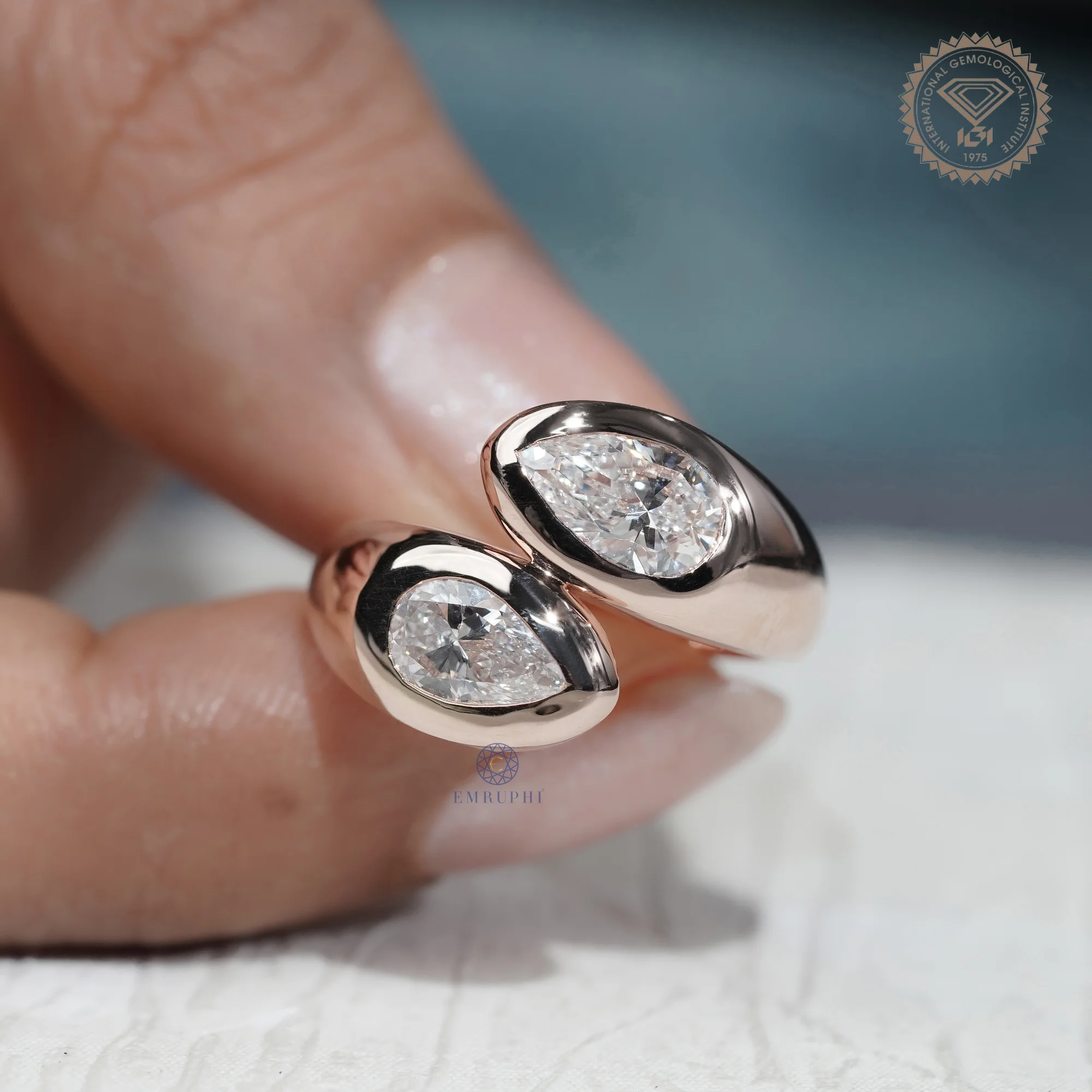 Pear Shape Bezel Lab Grown Diamond Toi et Moi Ring, Modern Open Wrap Engagement Ring, 14K Rose Gold Statement Ring — view 16
