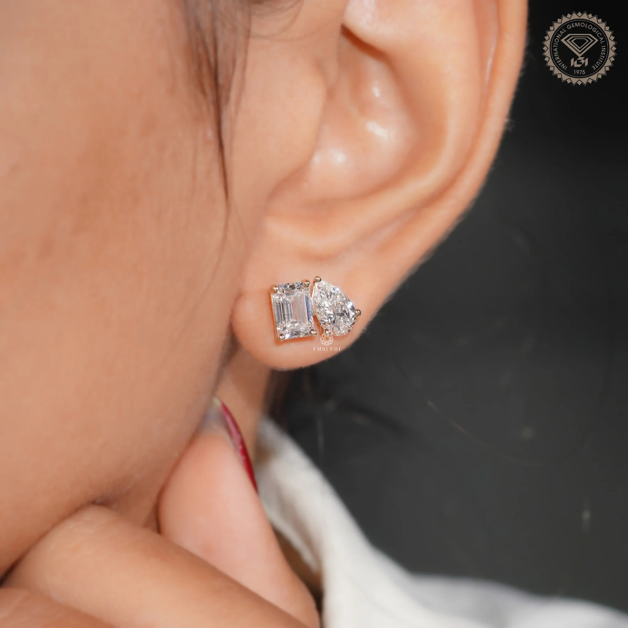 4.00 TCW Emerald & Pear Diamond Earrings, Toi et Moi Studs, 14K Yellow Gold Earrings — view 11