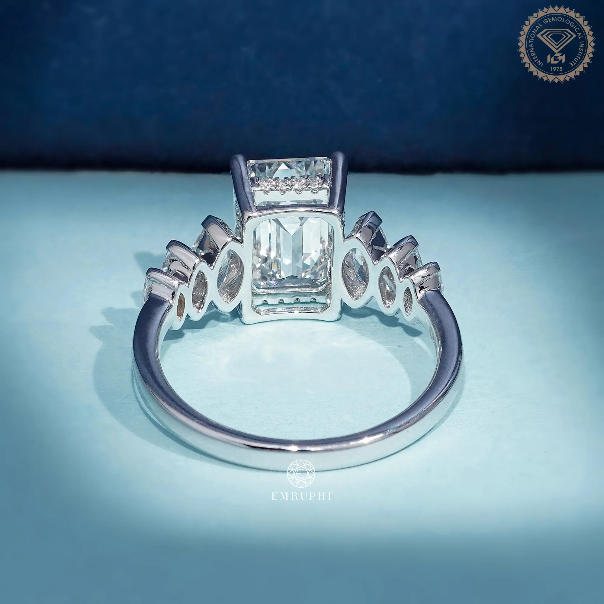 Emerald Cut Diamond Engagement Ring With Marquise Side Stone, Cluster Setting Ring — view 4
