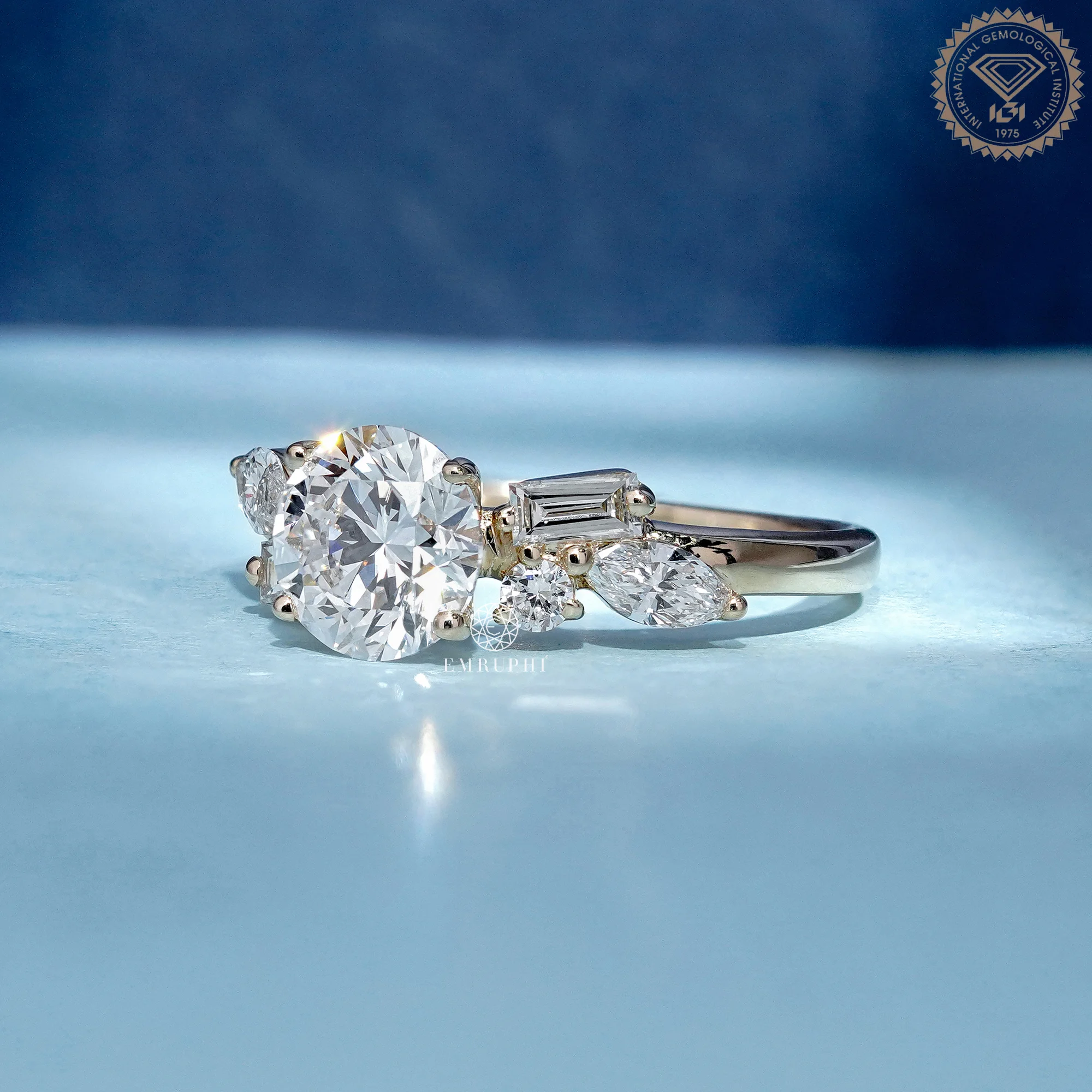 Round Cut Lab Grown Diamond Ring, Multi Shape Cluster Engagement Ring, Pear Baguette Accents — view 2