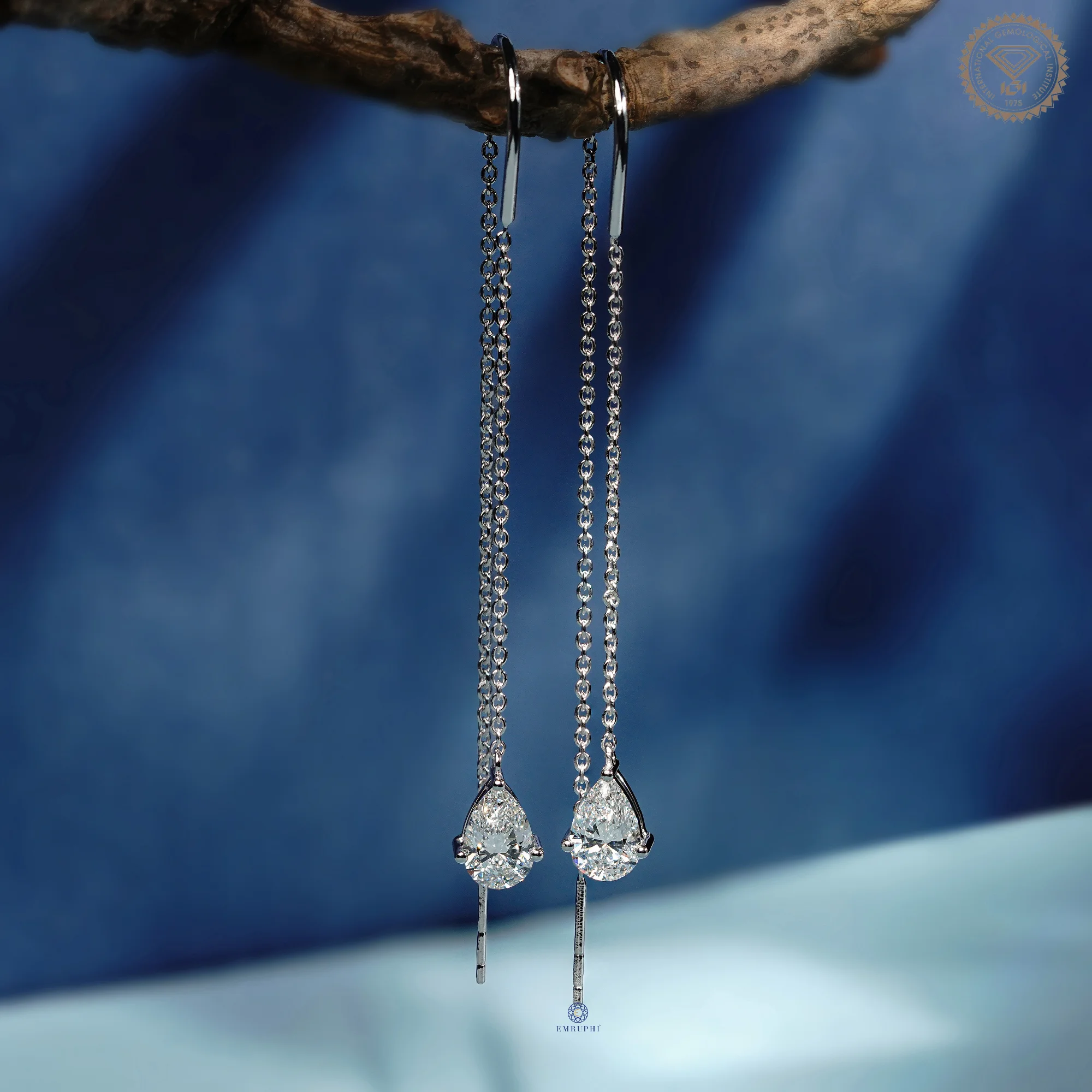 Pear Drop Threader Earrings, White Gold Drop Chain Earrings, Minimalist Long Chain Dangle Earring
