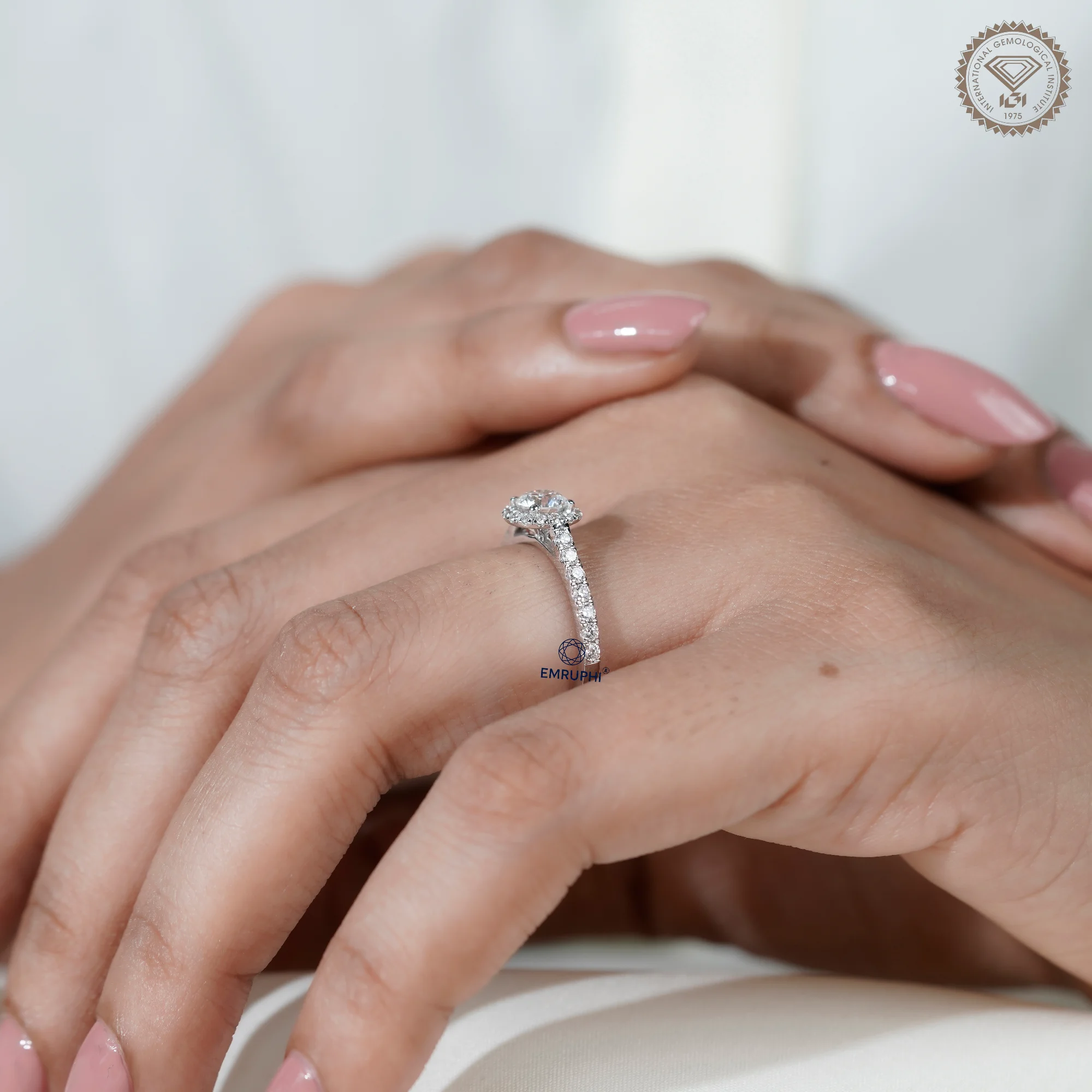 1.00 CT Round Halo Diamond Engagement Ring, Pave Band Halo Ring — view 9