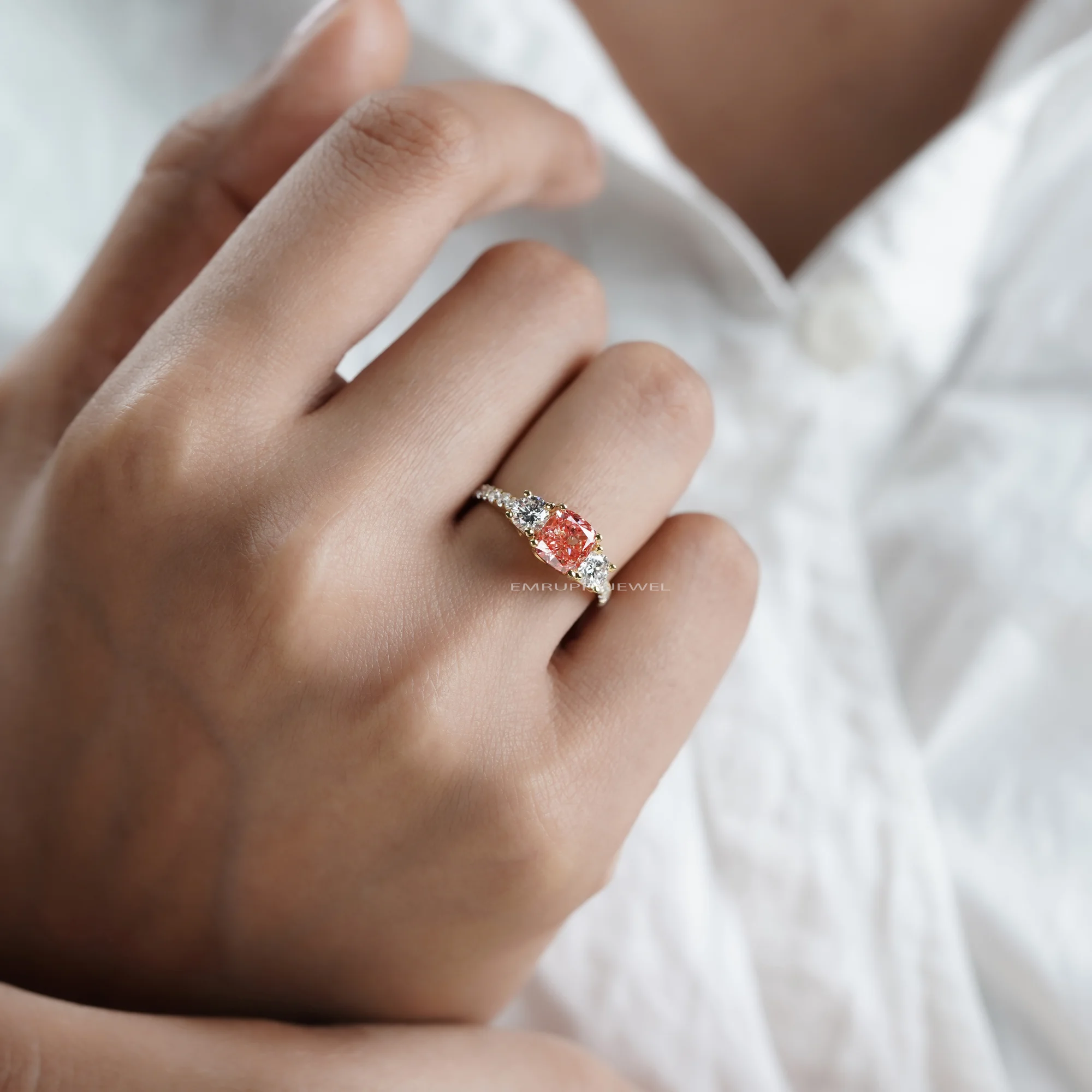 Pink Cushion Lab Grown Diamond Ring, 14K Yellow Gold Three Stone Engagement (IGI Certified) — view 7