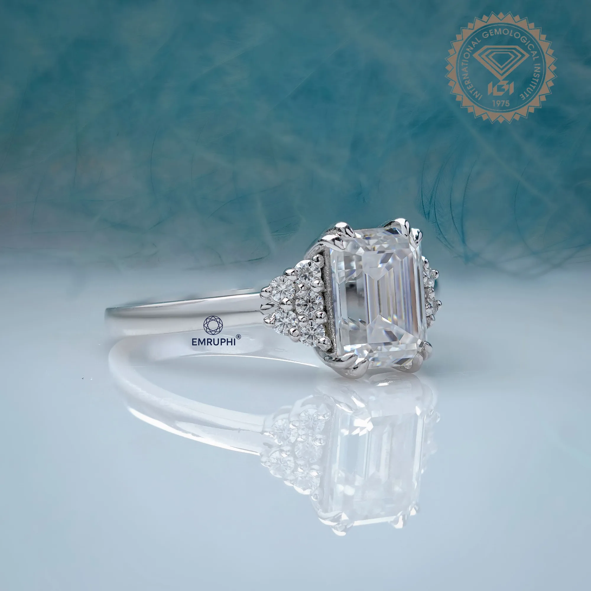 Emerald Cut Labgrown Diamond Engagement Ring, 14k White Gold Snowdrift Cluster Proposal Ring — view 2