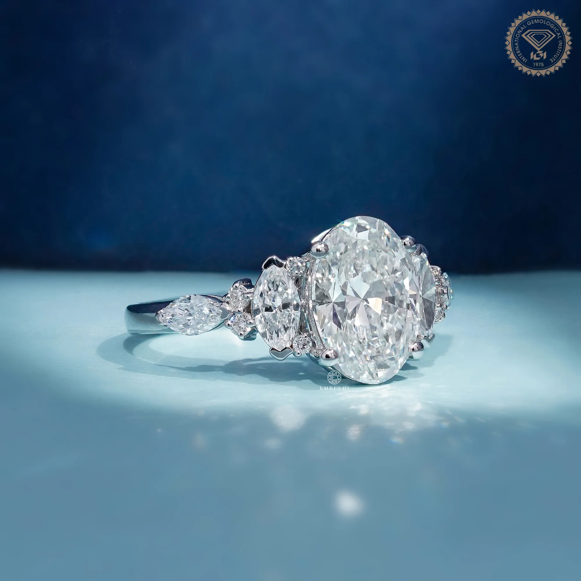 Oval Cut Lab Grown Diamond Engagement Ring, IGI Certified, Marquise Side Stones — view 3