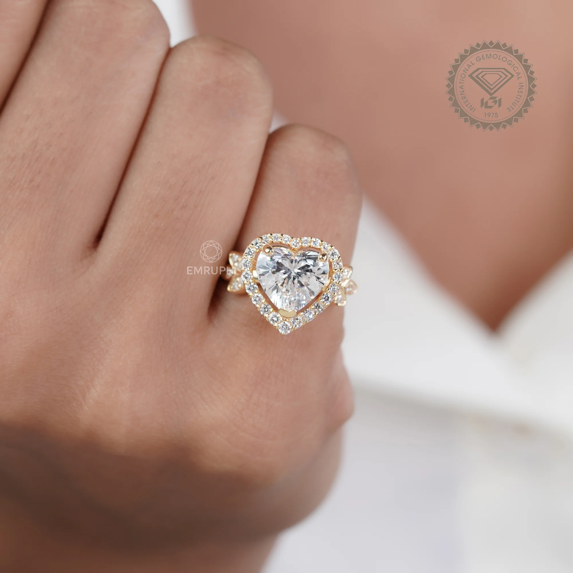 Heart Cut Halo Lab Grown Diamond Ring with Floral Side Accents, Romantic Heart Engagement Ring — view 11