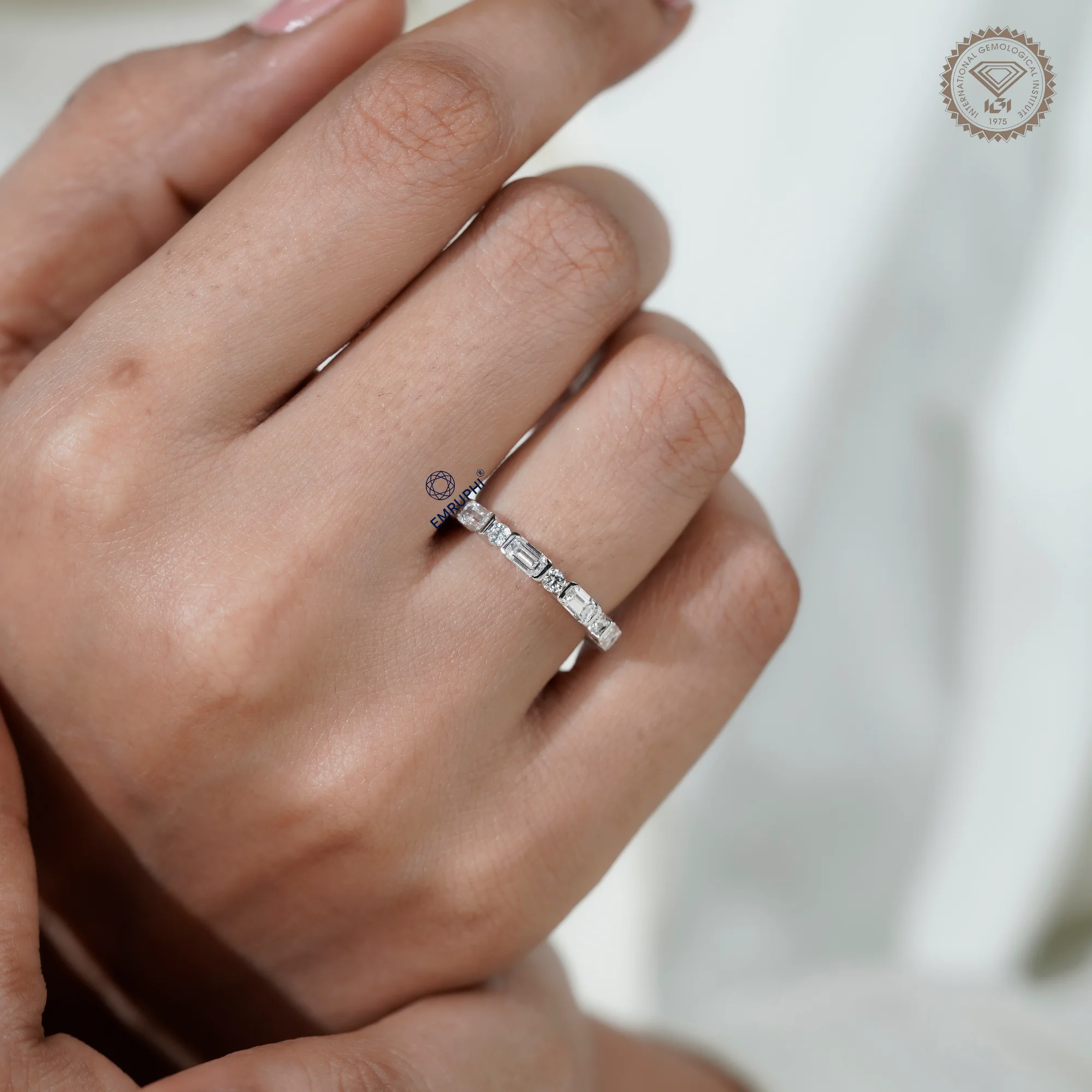 Emerald and Round Lab Grown Diamond Alternating Band, Dainty Wedding Ring — view 12