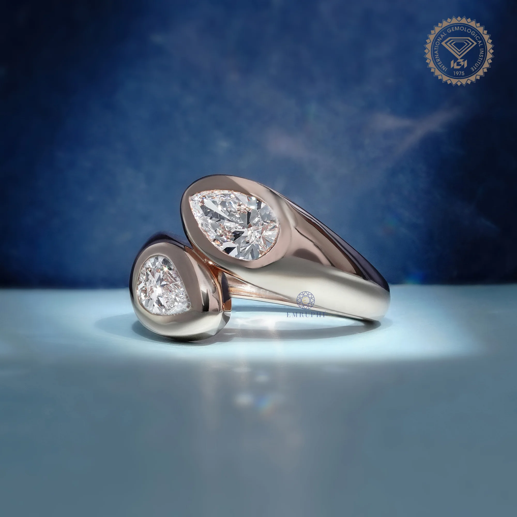 Pear Shape Bezel Lab Grown Diamond Toi et Moi Ring, Modern Open Wrap Engagement Ring, 14K Rose Gold Statement Ring — view 2
