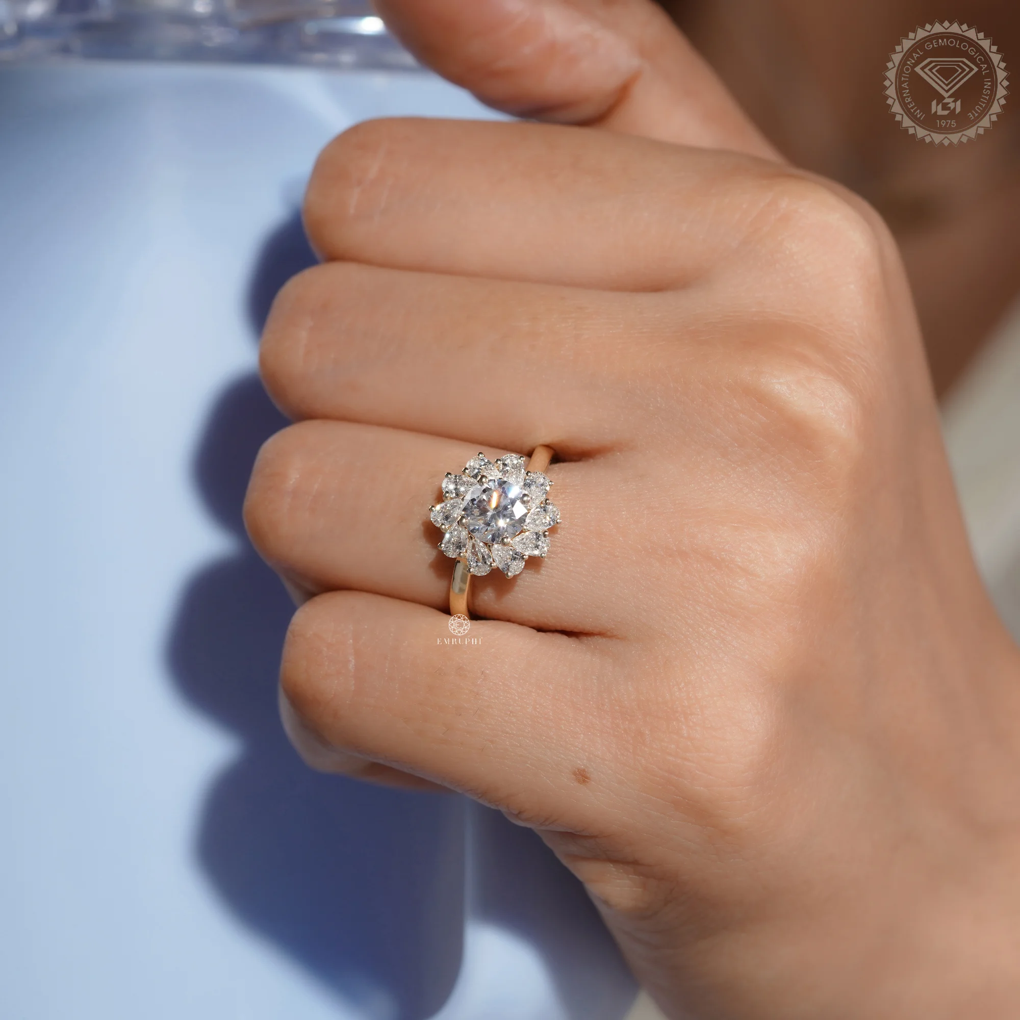 Round Cut Lab Grown Diamond Floral Halo Ring, Pear Diamond Sunburst Engagement Ring — view 7