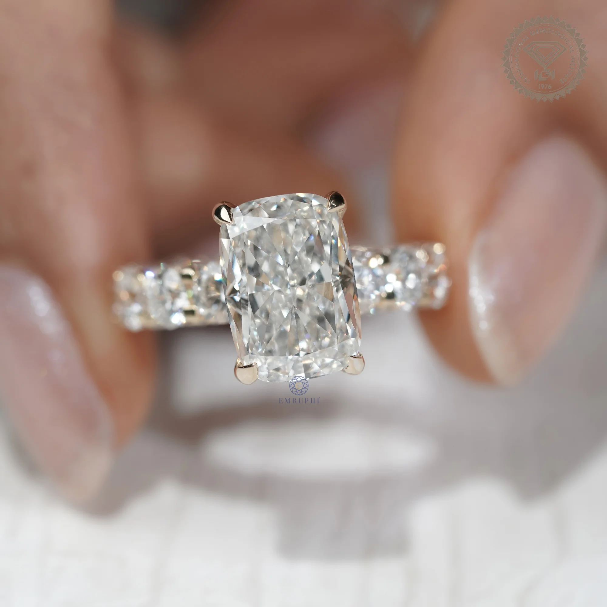 5 CT Cushion Cut Lab Grown Diamond Engagement Ring, Round Diamond Band Ring, 14K Gold Bridal Ring — view 6