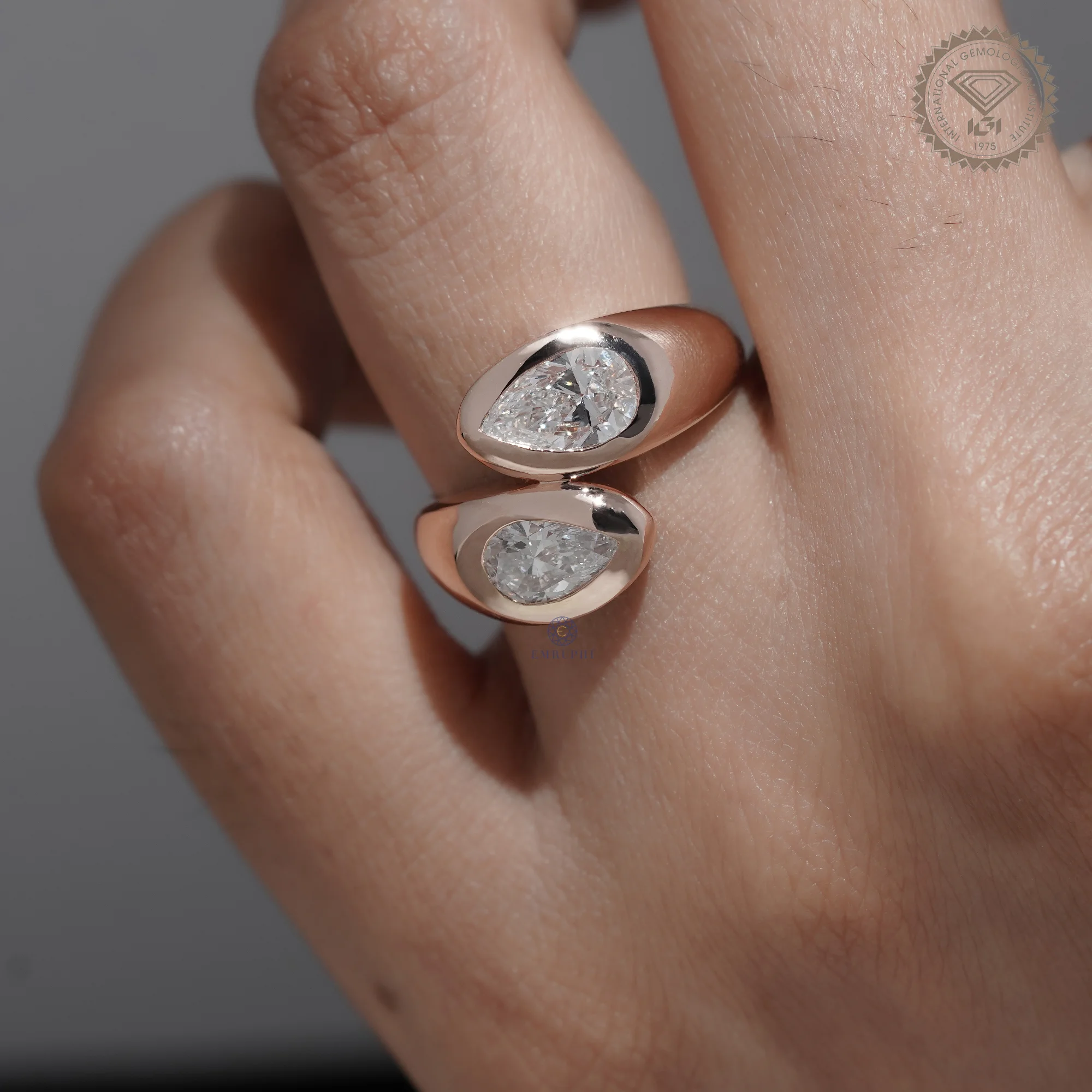 Pear Shape Bezel Lab Grown Diamond Toi et Moi Ring, Modern Open Wrap Engagement Ring, 14K Rose Gold Statement Ring — view 14