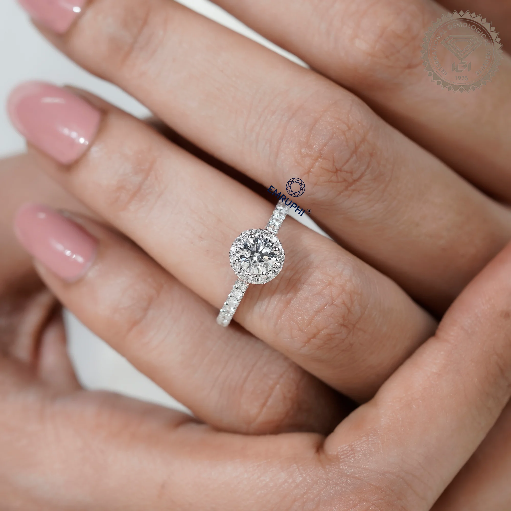 1.00 CT Round Halo Diamond Engagement Ring, Pave Band Halo Ring — view 7