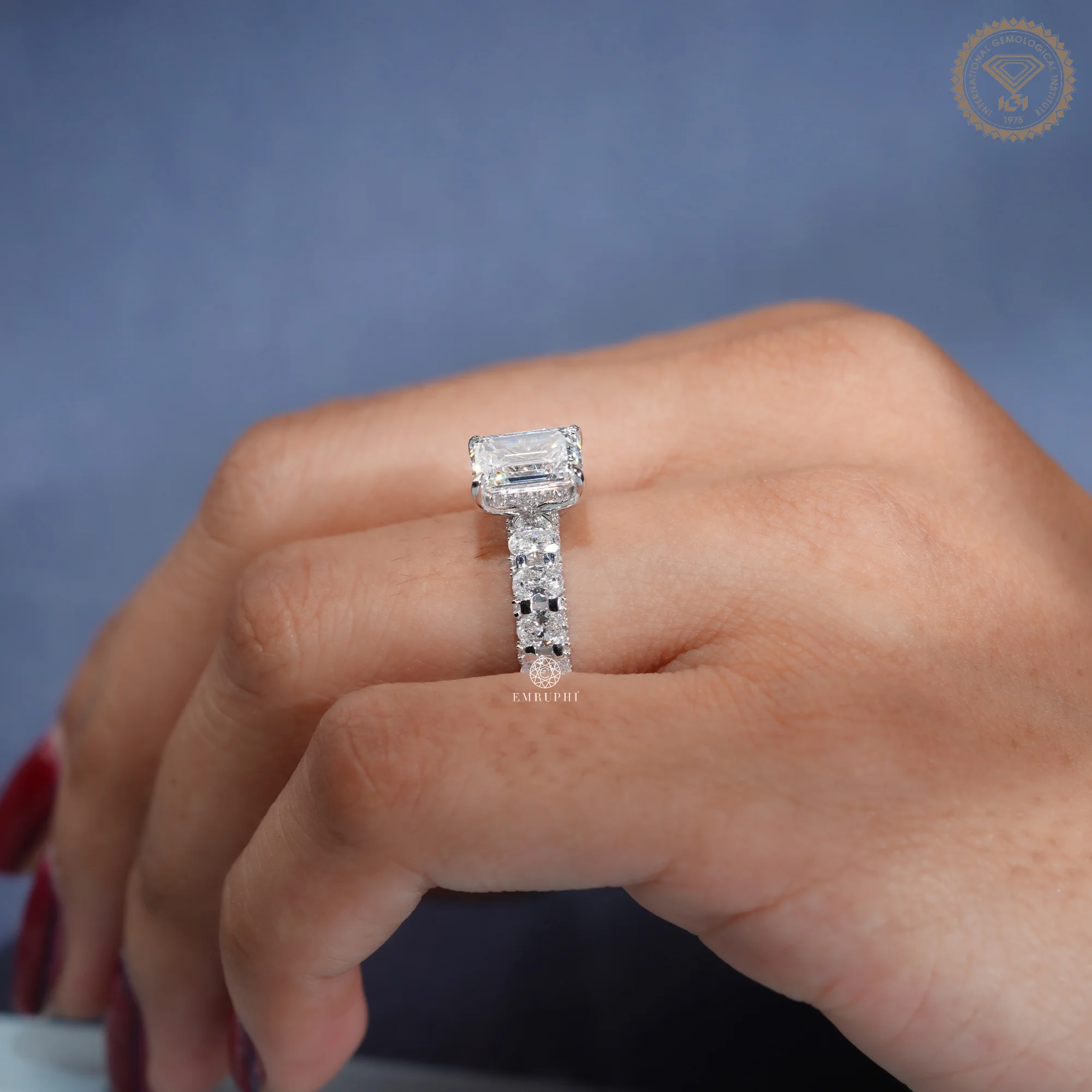 Emerald Cut Lab Grown Diamond Engagement Ring, Diamond Eternity Band — view 11