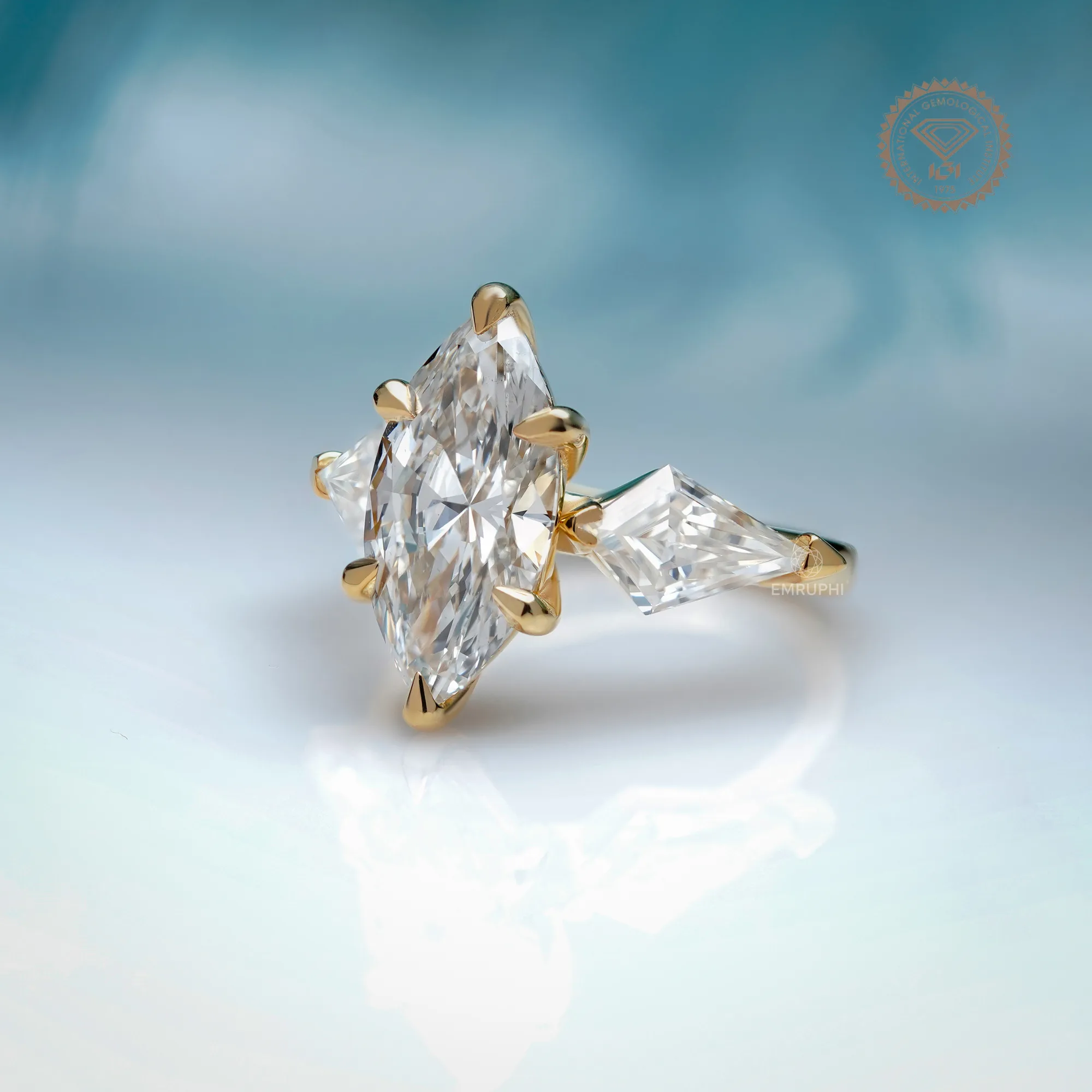 3 CT Marquise Lab Diamond Ring, Kite Side Stones, 14K Gold Wedding Ring — view 2
