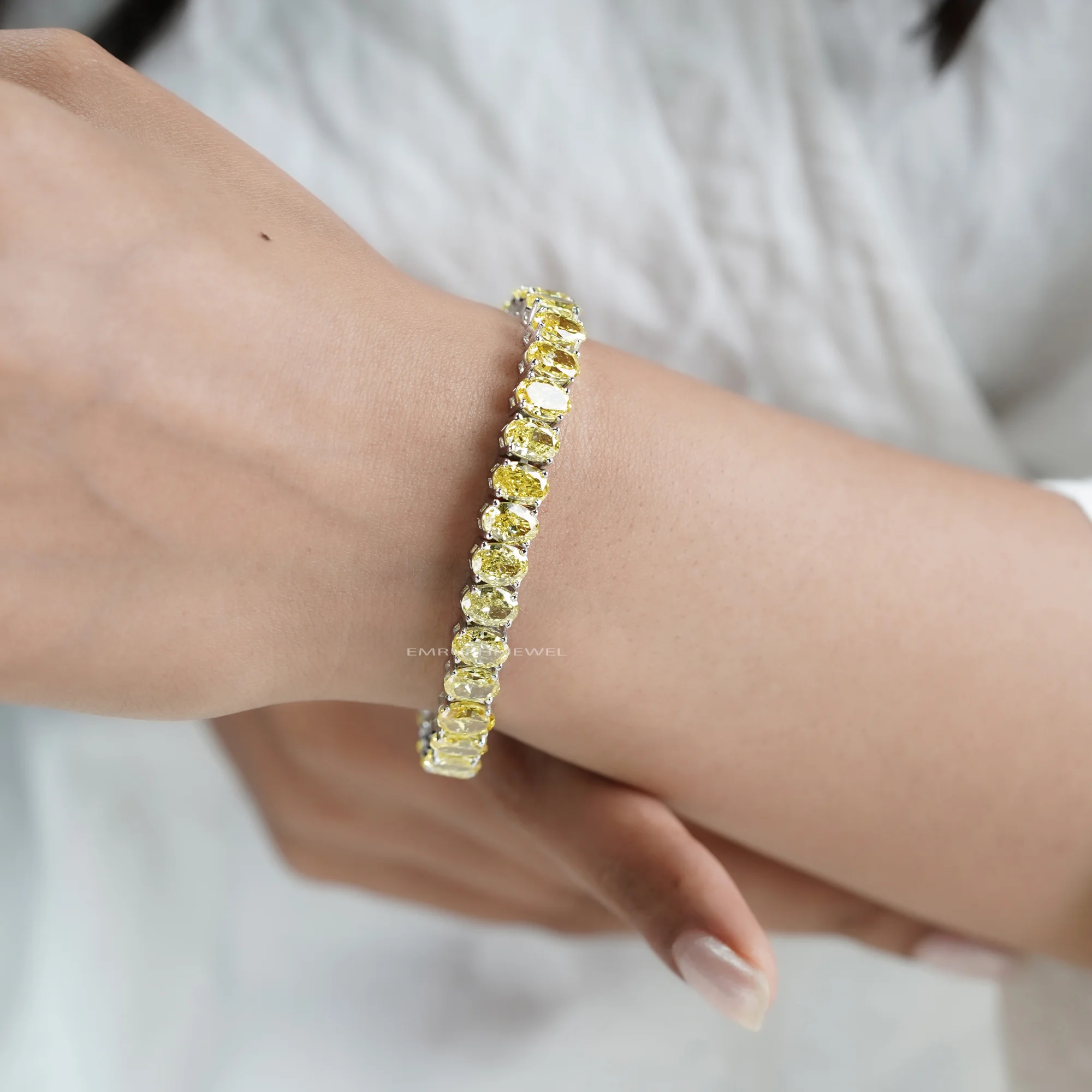 Yellow Oval Lab Grown Diamond Tennis Bracelet, Oval Cut Solitaire Tennis Bracelet in Gold — view 5