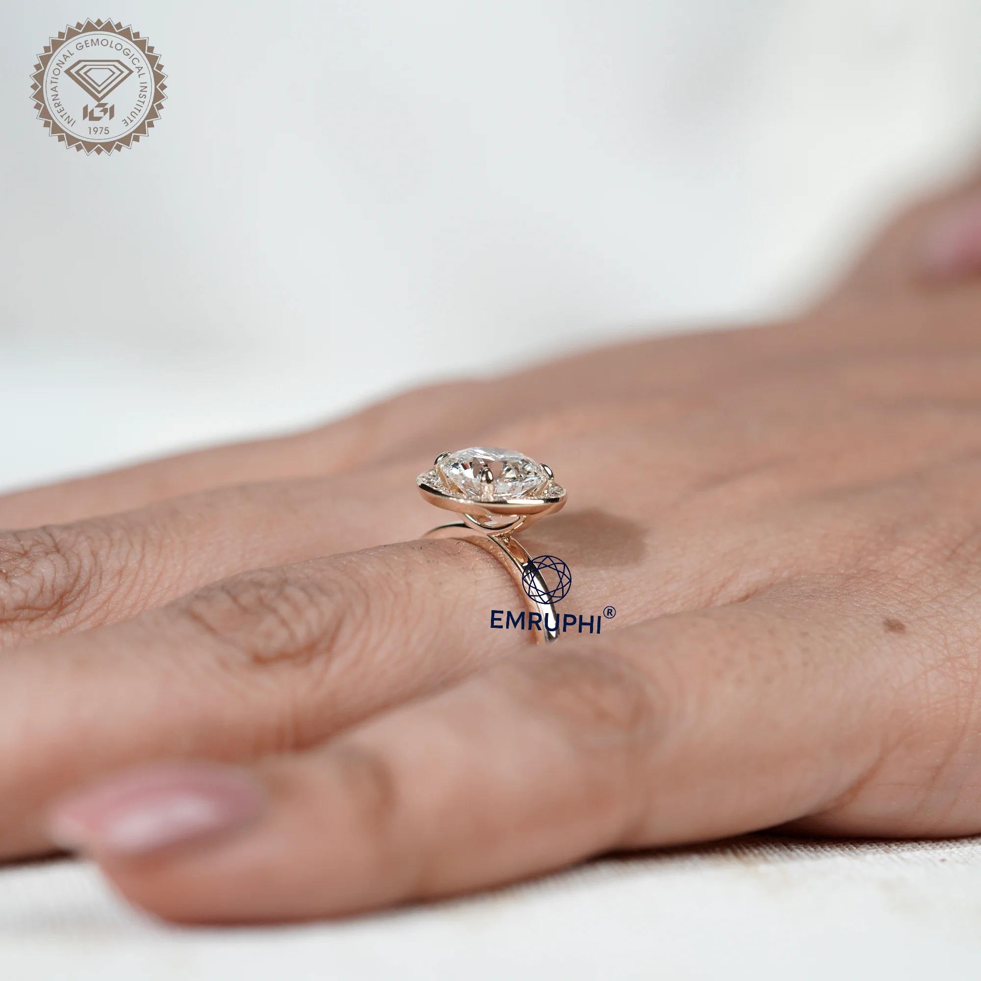 Round Cut Halo Engagement Ring in 14k Gold, Bezel Set Wedding Ring — view 8