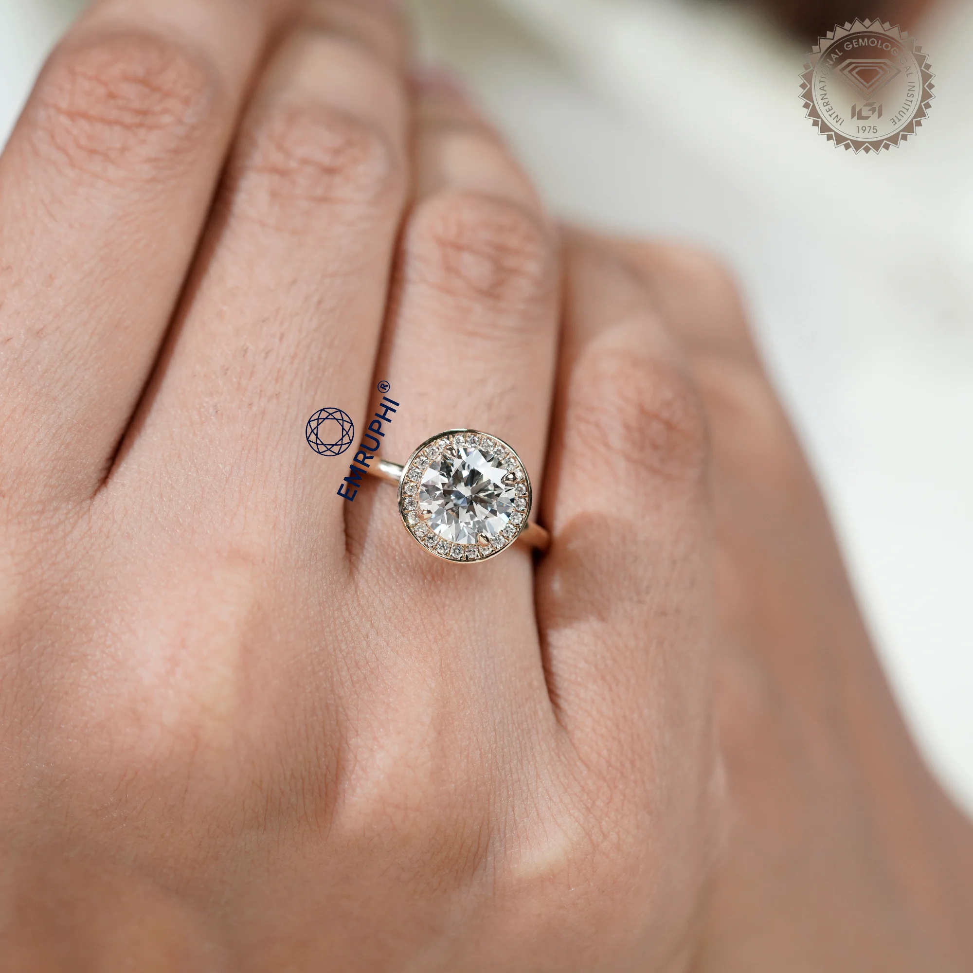 Round Cut Halo Engagement Ring in 14k Gold, Bezel Set Wedding Ring — view 12