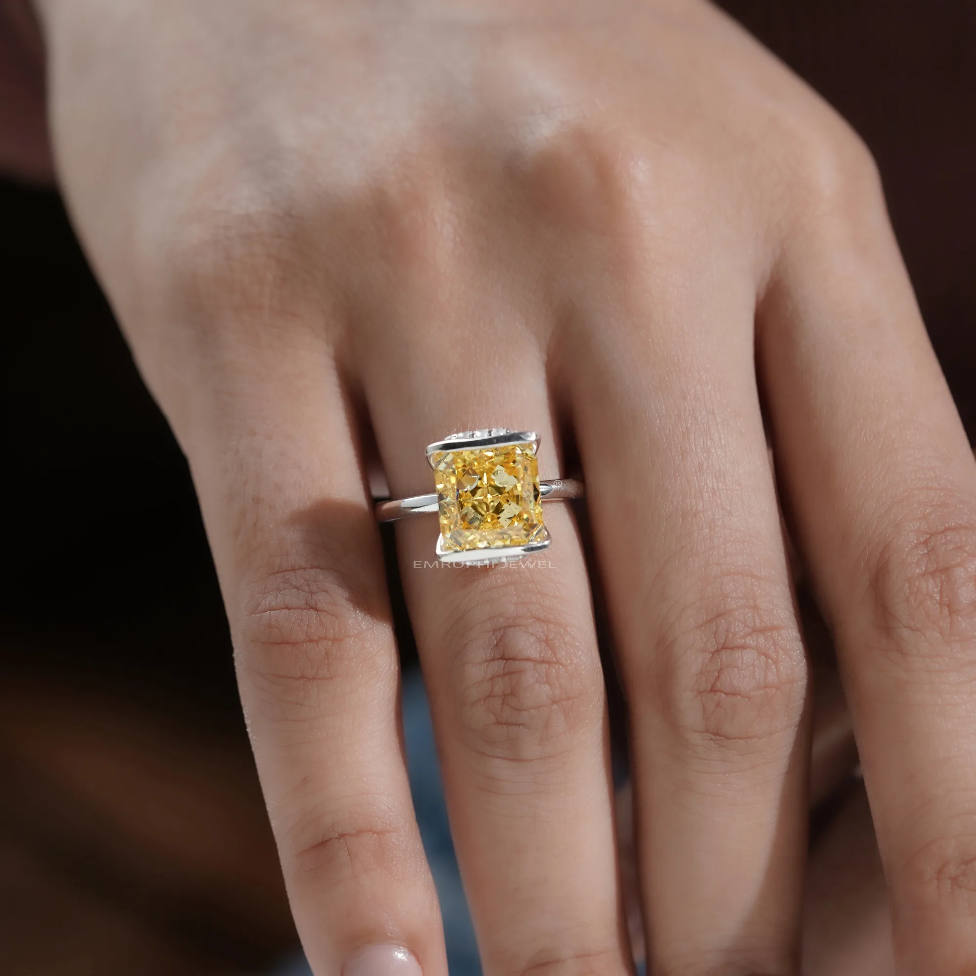 6 Carat Asscher Fancy Yellow Lab Grown Diamond Ring: Bezel Set Solitaire — view 7