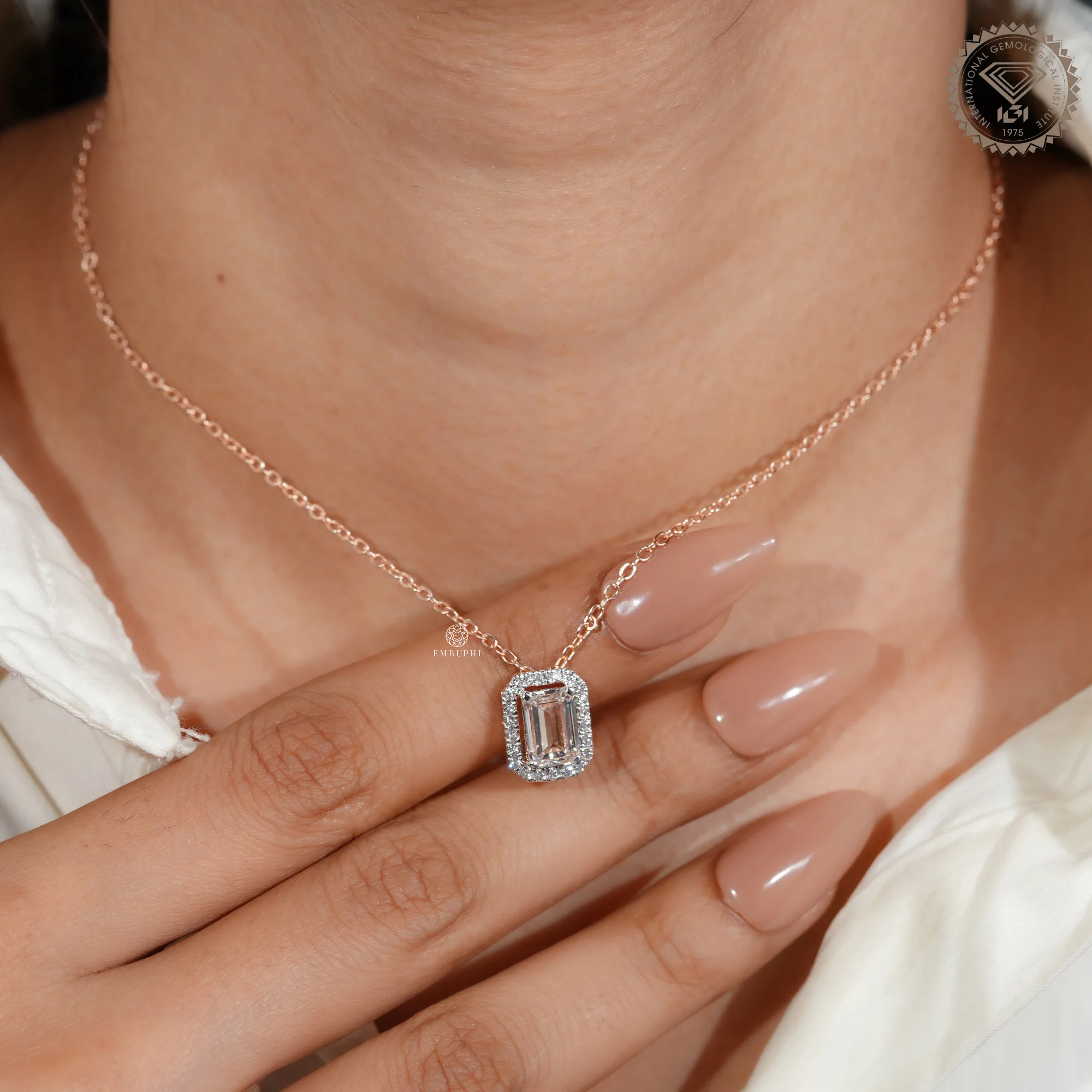 1 CT Emerald Cut Lab Grown Diamond Necklace, Halo Pendant Rose Gold Chain, Two Tone Pendant — view 8